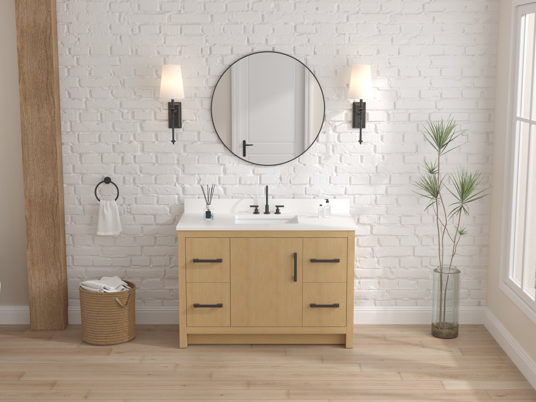 Chans Furniture VH-3320WD-48 48 Inch Light Oak Sandi Single Sink Bathroom Vanity Toe Kick Style With White Quartz Top