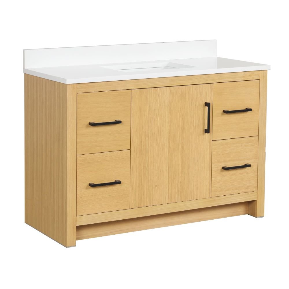 Chans Furniture VH-3320WD-48 48 Inch Light Oak Sandi Single Sink Bathroom Vanity Toe Kick Style With White Quartz Top