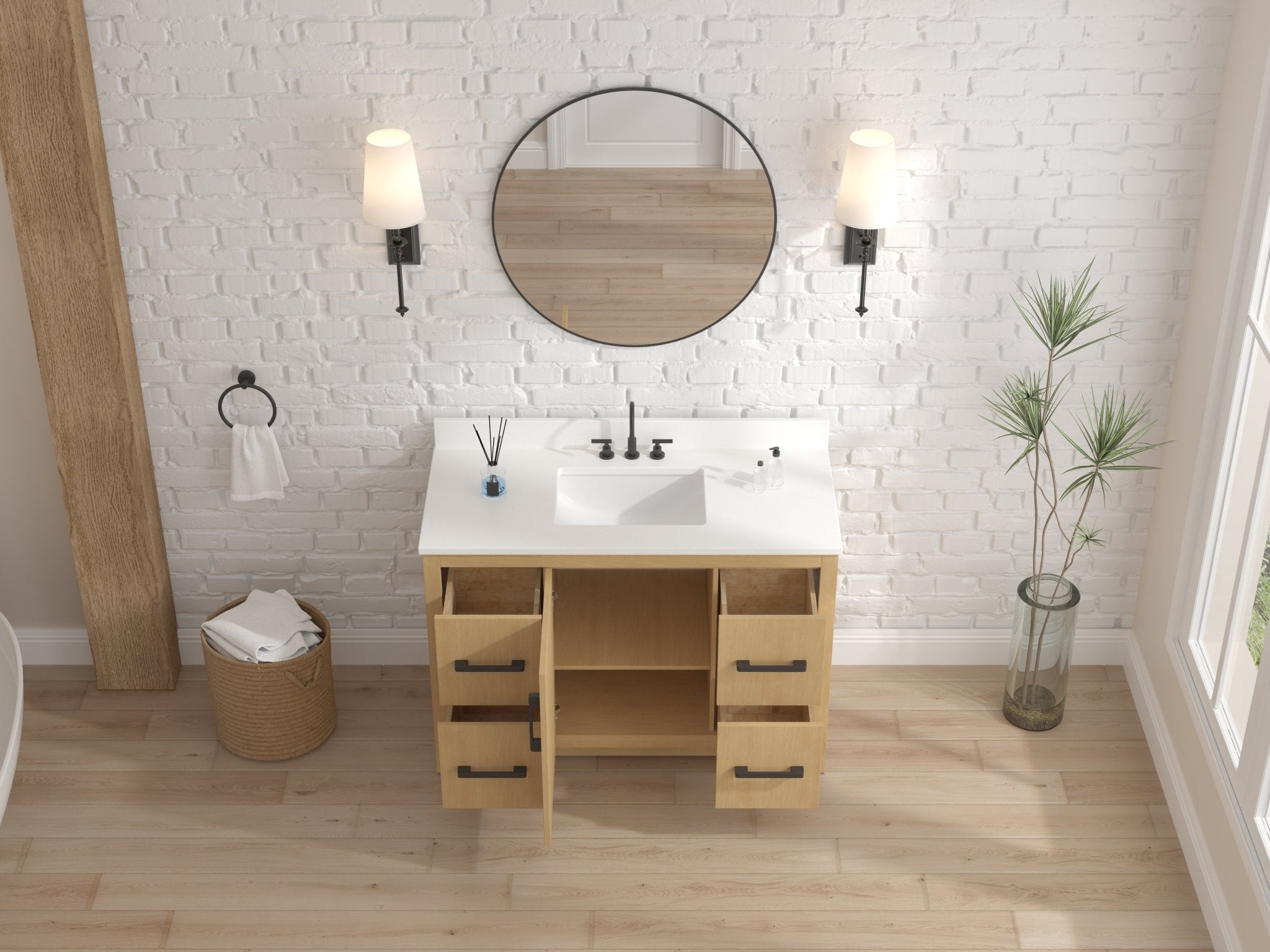 Chans Furniture VH-3320WD-48 48 Inch Light Oak Sandi Single Sink Bathroom Vanity Toe Kick Style With White Quartz Top