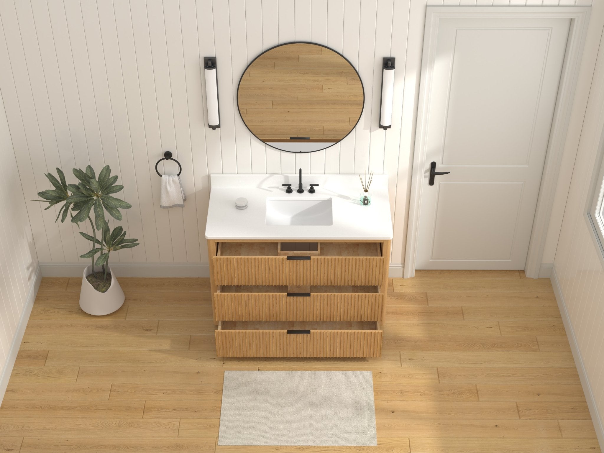 Chans Furniture VH-2130WD-48 48 Inch Modern Golden Oak Coris Single Sink Bathroom Vanity With White Quartz Top