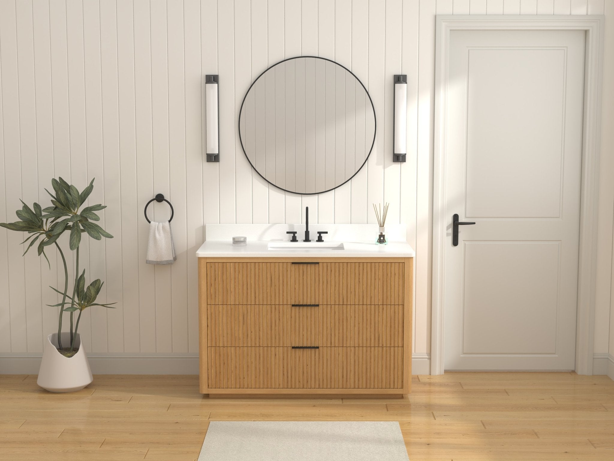 Chans Furniture VH-2130WD-48 48 Inch Modern Golden Oak Coris Single Sink Bathroom Vanity With White Quartz Top