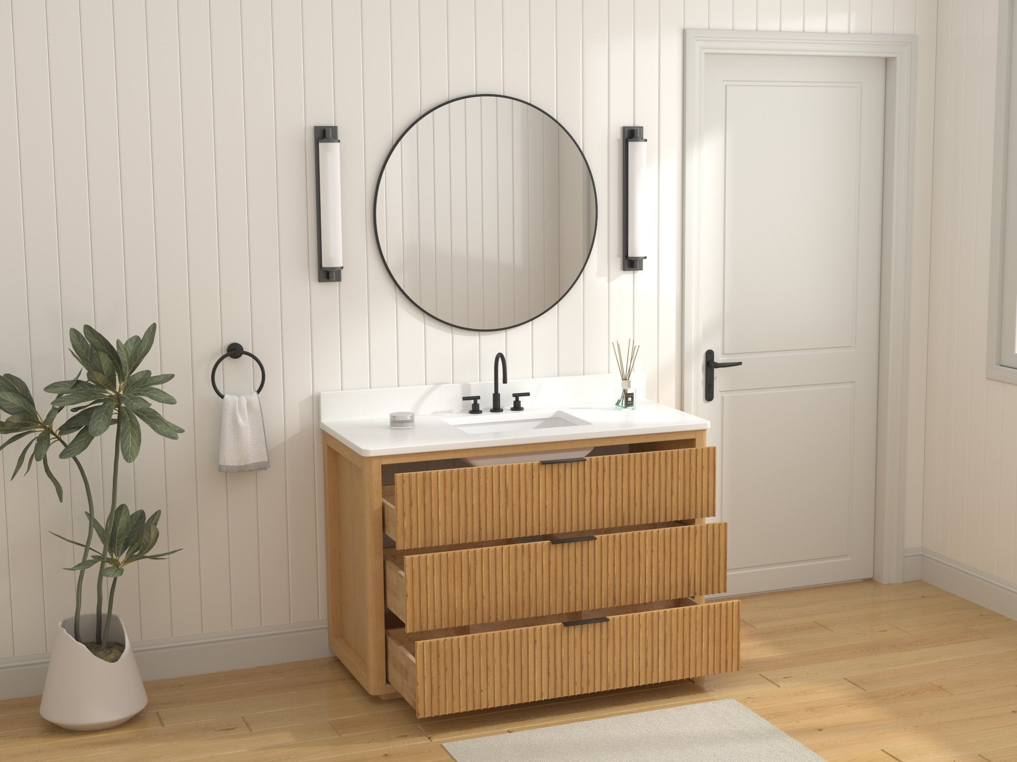 Chans Furniture VH-2130WD-48 48 Inch Modern Golden Oak Coris Single Sink Bathroom Vanity With White Quartz Top