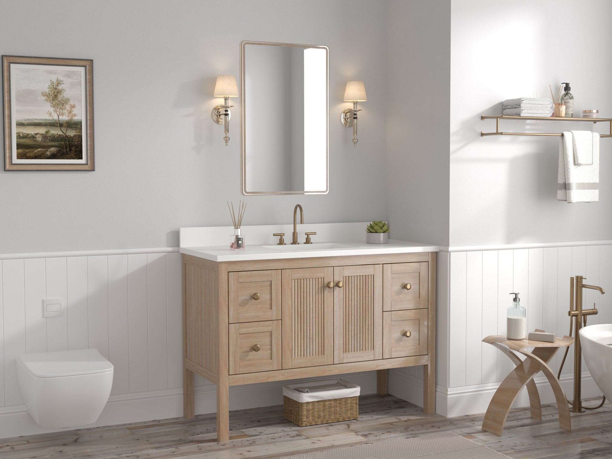 Chans Furniture GD-NG2462-WD-48 48 Inch Modern Light Oak Sera Single Sink Bathroom Vanity With White Quartz Top