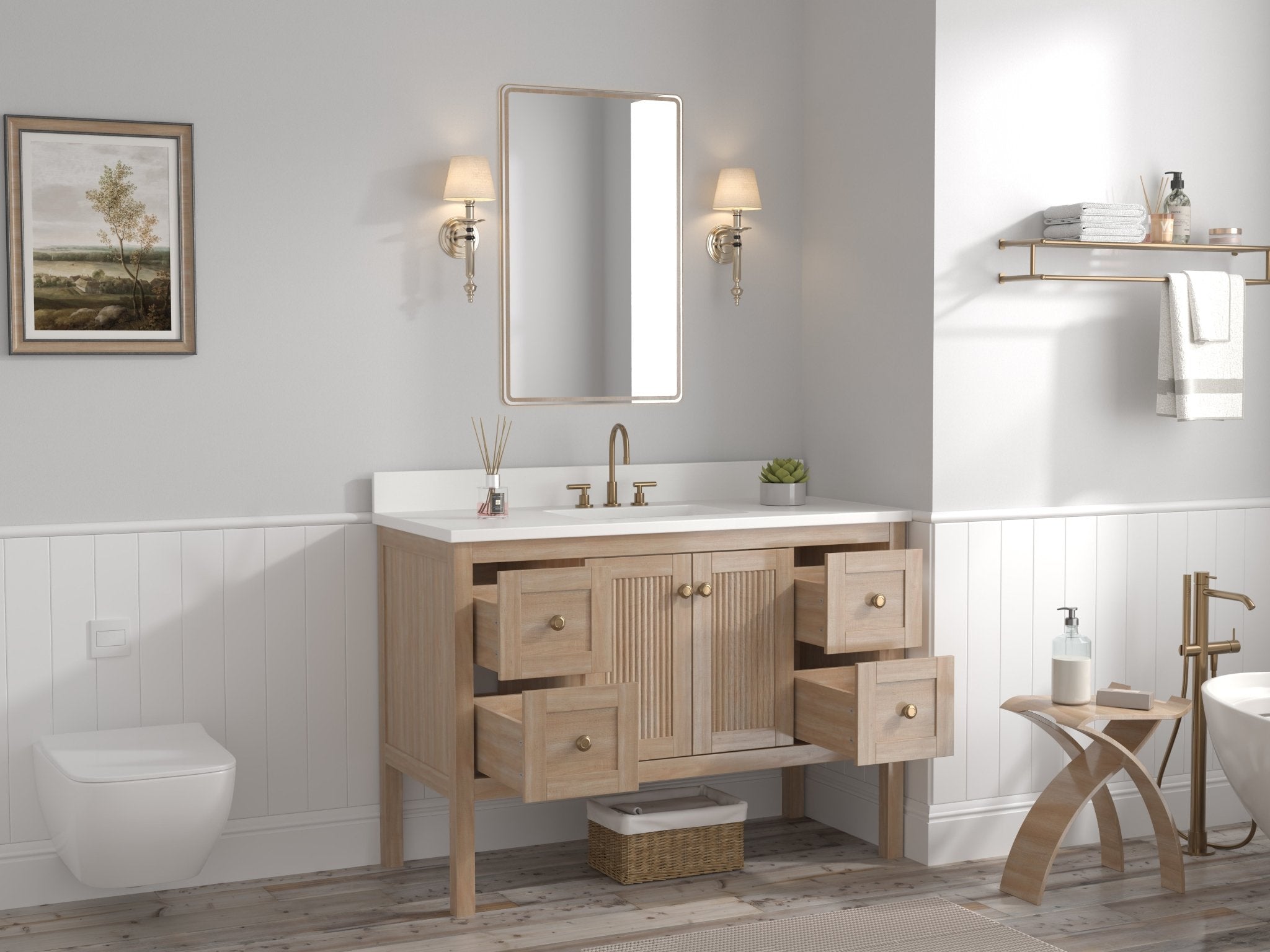 Chans Furniture GD-NG2462-WD-48 48 Inch Modern Light Oak Sera Single Sink Bathroom Vanity With White Quartz Top