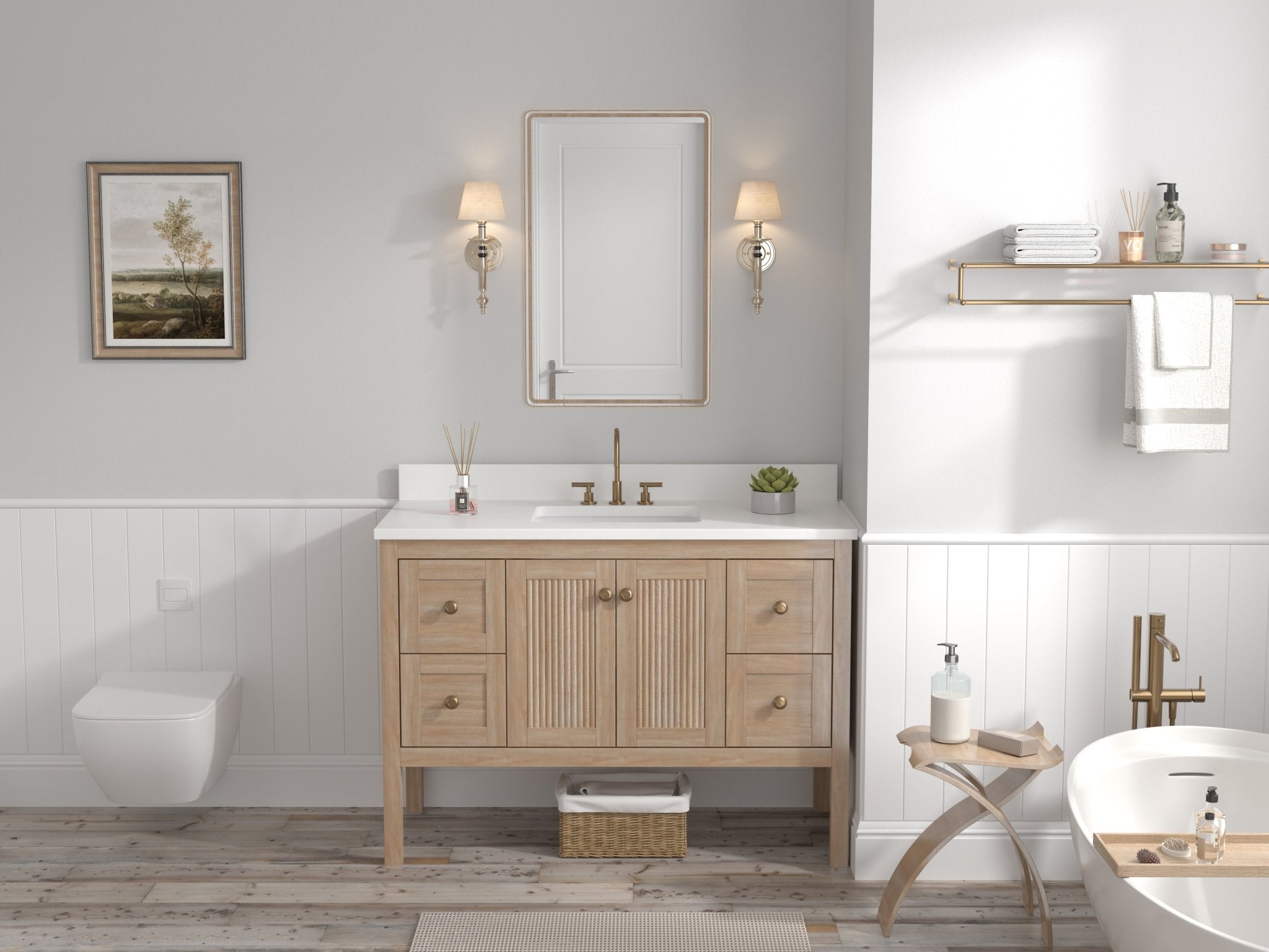 Chans Furniture GD-NG2462-WD-48 48 Inch Modern Light Oak Sera Single Sink Bathroom Vanity With White Quartz Top