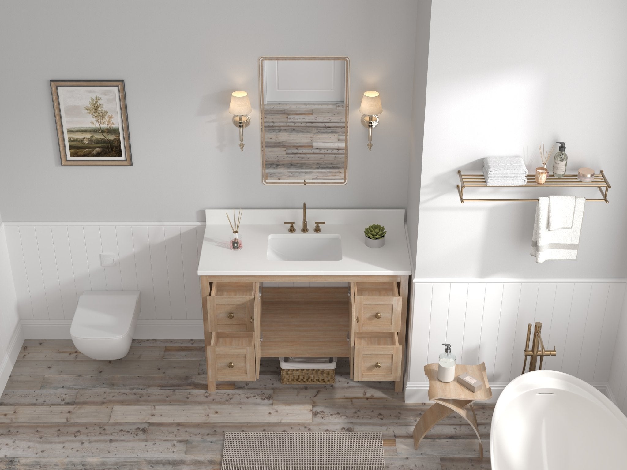 Chans Furniture GD-NG2462-WD-48 48 Inch Modern Light Oak Sera Single Sink Bathroom Vanity With White Quartz Top