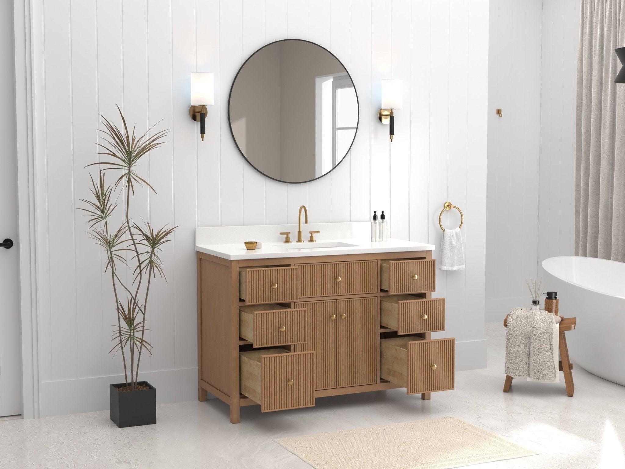 Chans Furniture GD-5048WD-48 48 Inch Natural Oak Fluted Style Marbella Bathroom Vanity With White Quartz Top