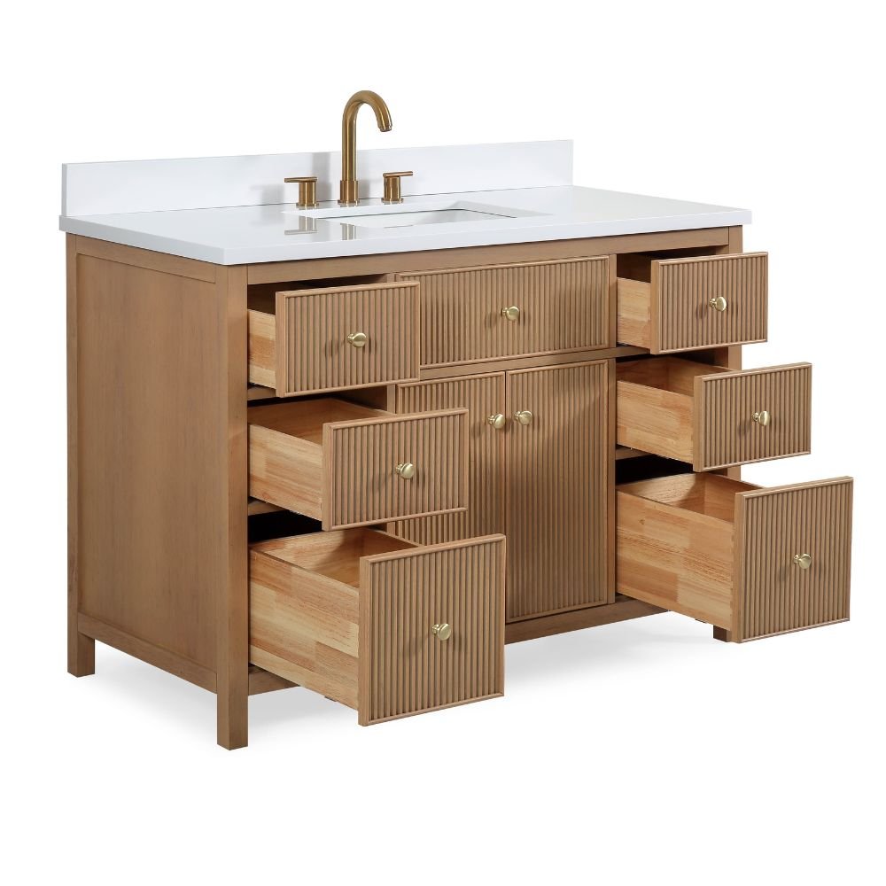 Chans Furniture GD-5048WD-48 48 Inch Natural Oak Fluted Style Marbella Bathroom Vanity With White Quartz Top