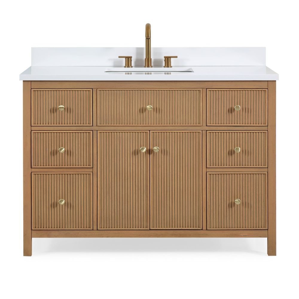 Chans Furniture GD-5048WD-48 48 Inch Natural Oak Fluted Style Marbella Bathroom Vanity With White Quartz Top