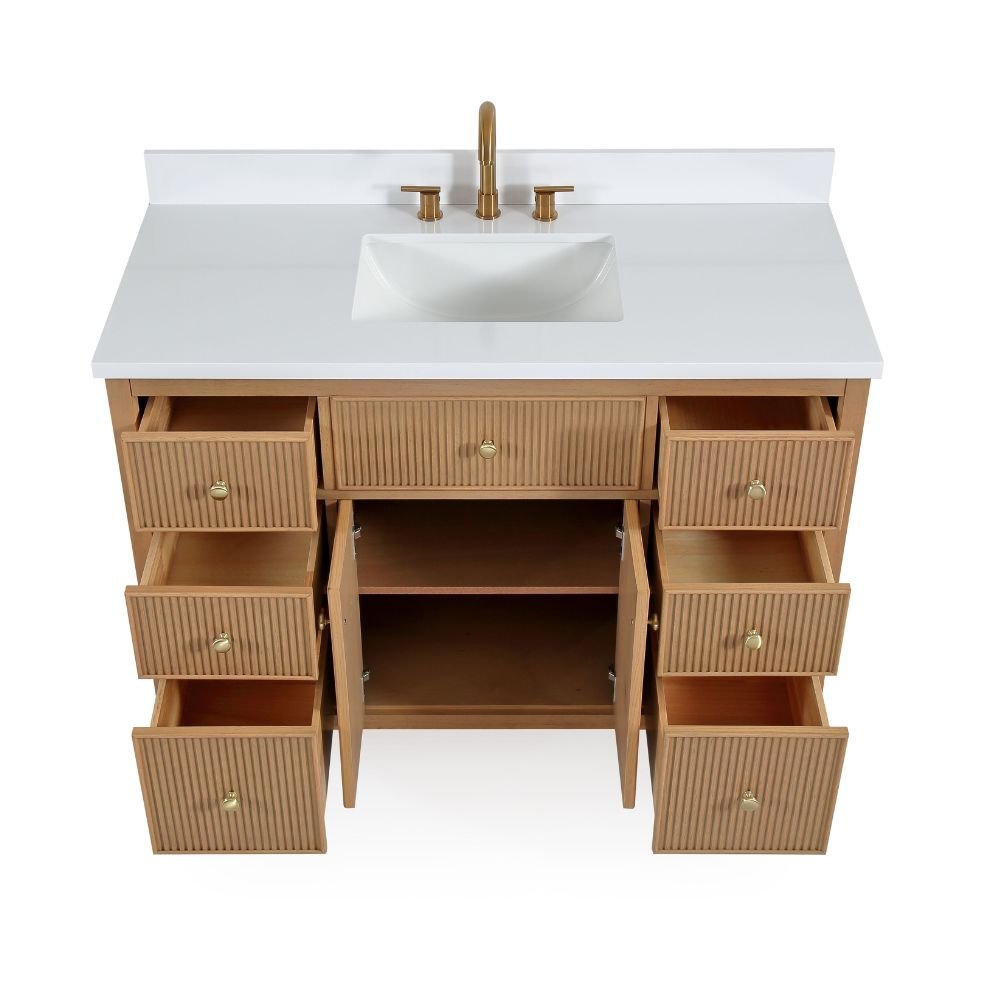Chans Furniture GD-5048WD-48 48 Inch Natural Oak Fluted Style Marbella Bathroom Vanity With White Quartz Top
