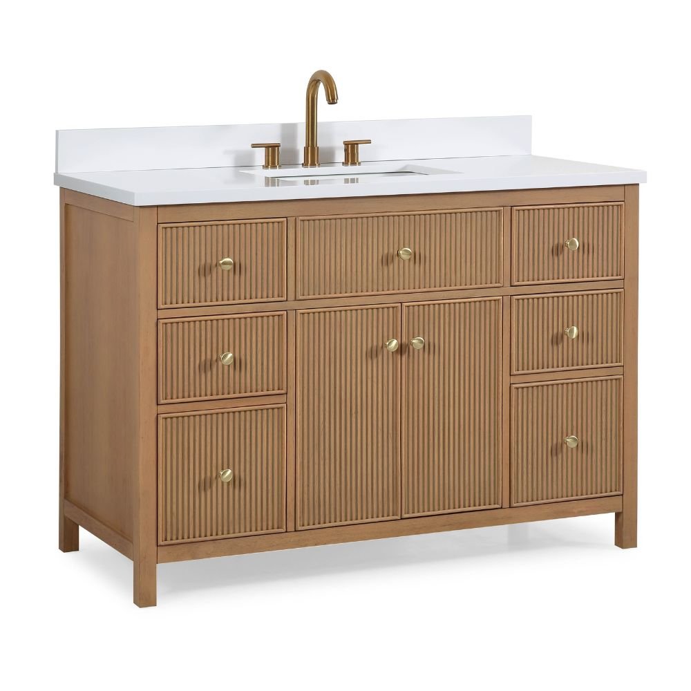 Chans Furniture GD-5048WD-48 48 Inch Natural Oak Fluted Style Marbella Bathroom Vanity With White Quartz Top
