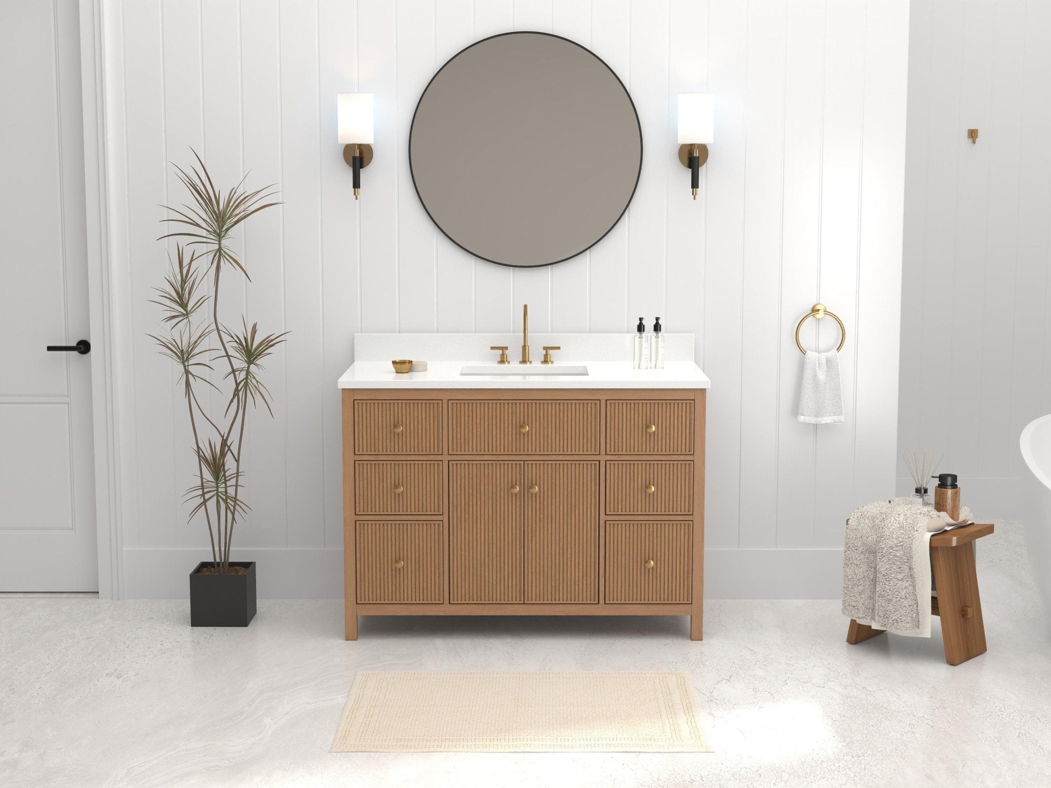 Chans Furniture GD-5048WD-48 48 Inch Natural Oak Fluted Style Marbella Bathroom Vanity With White Quartz Top
