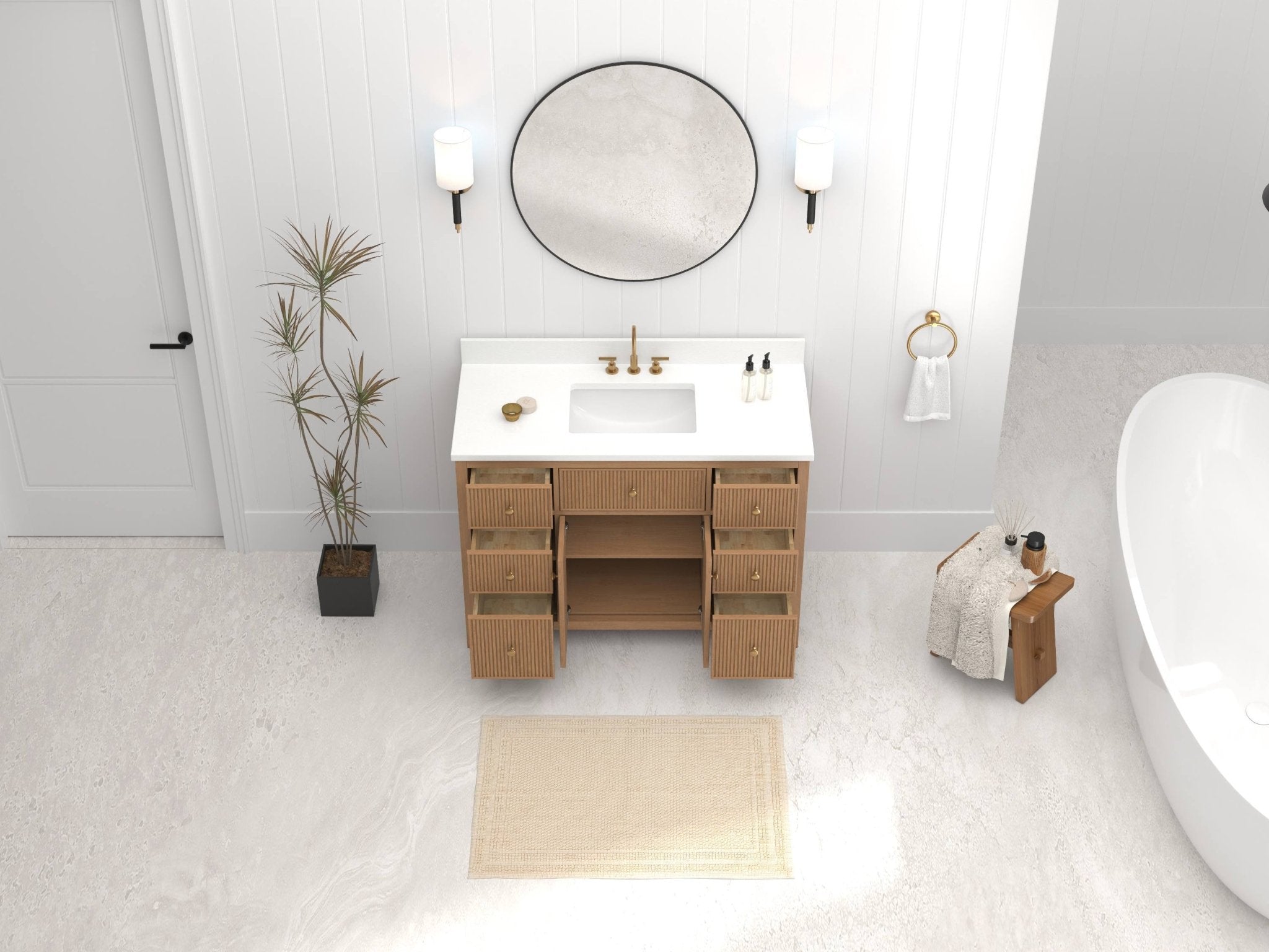 Chans Furniture GD-5048WD-48 48 Inch Natural Oak Fluted Style Marbella Bathroom Vanity With White Quartz Top