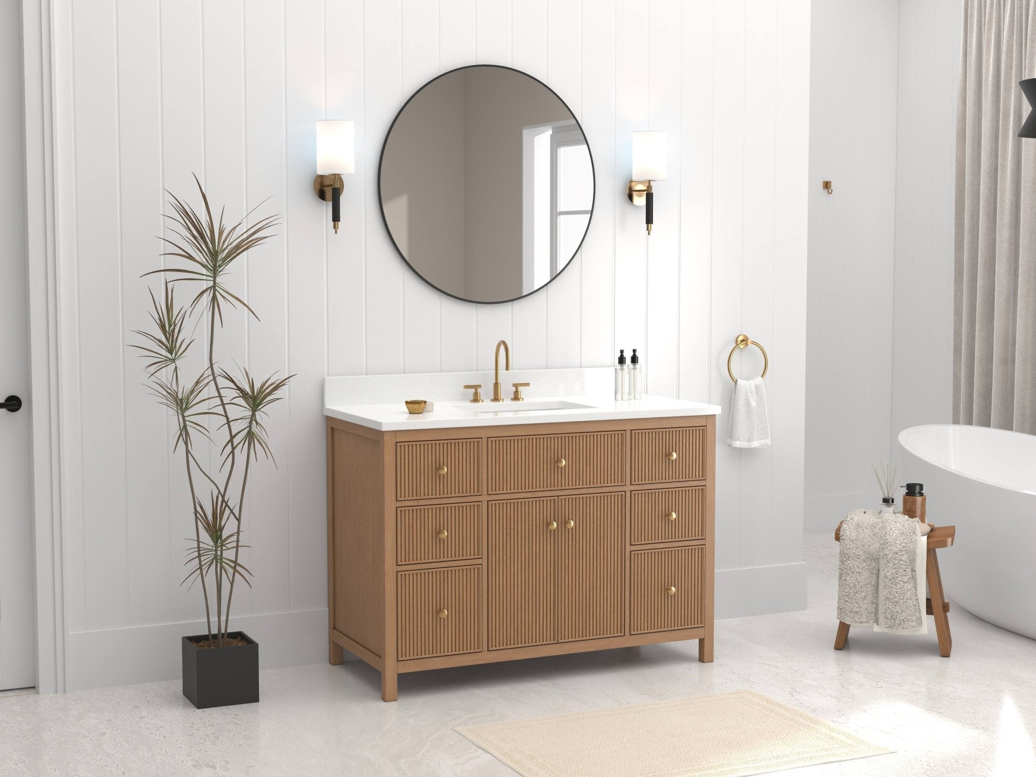 Chans Furniture GD-5048WD-48 48 Inch Natural Oak Fluted Style Marbella Bathroom Vanity With White Quartz Top