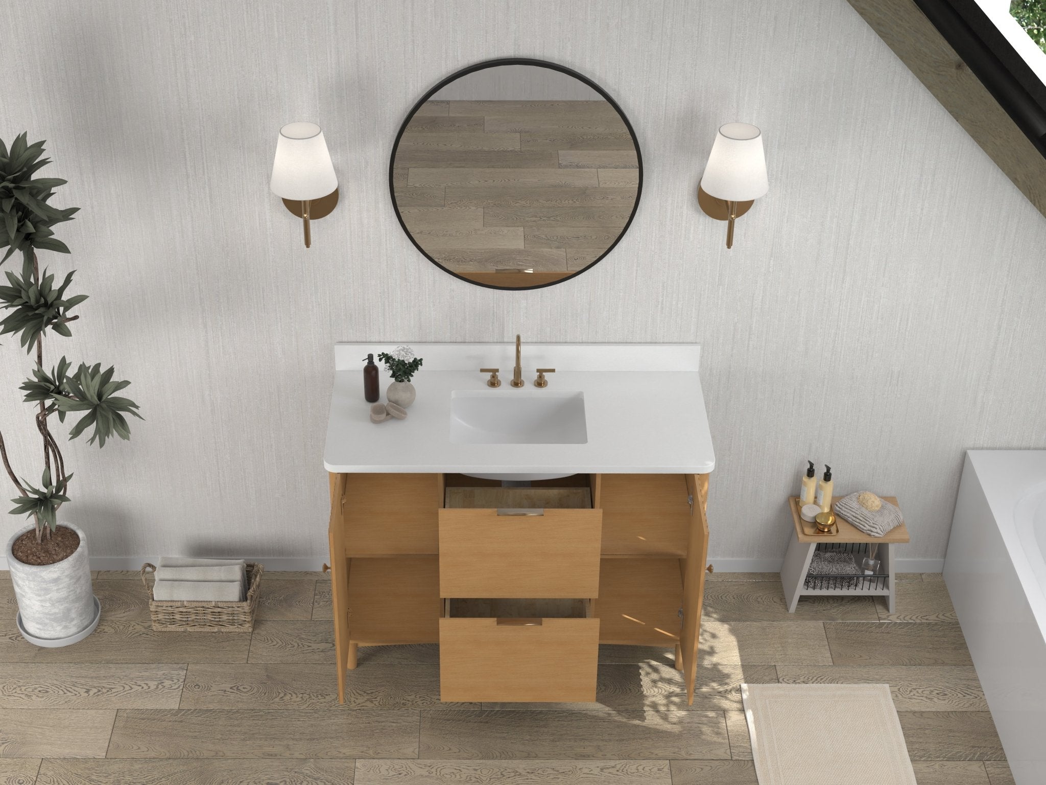 Chans Furniture GD-OE2248WD-48 48 Inch Trendy Wood Finish Odelia Bathroom Vanity With White Quartz Top