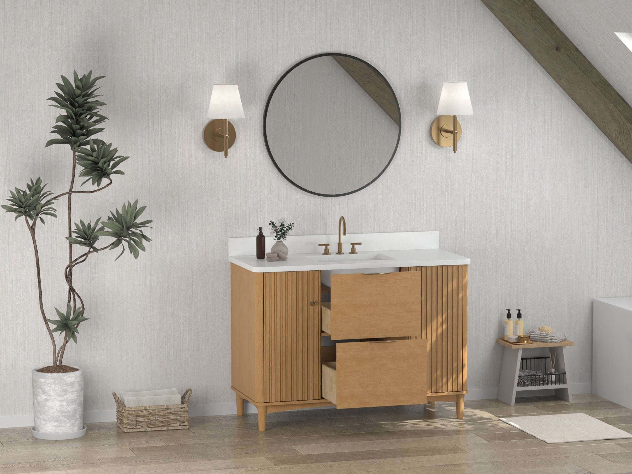 Chans Furniture GD-OE2248WD-48 48 Inch Trendy Wood Finish Odelia Bathroom Vanity With White Quartz Top