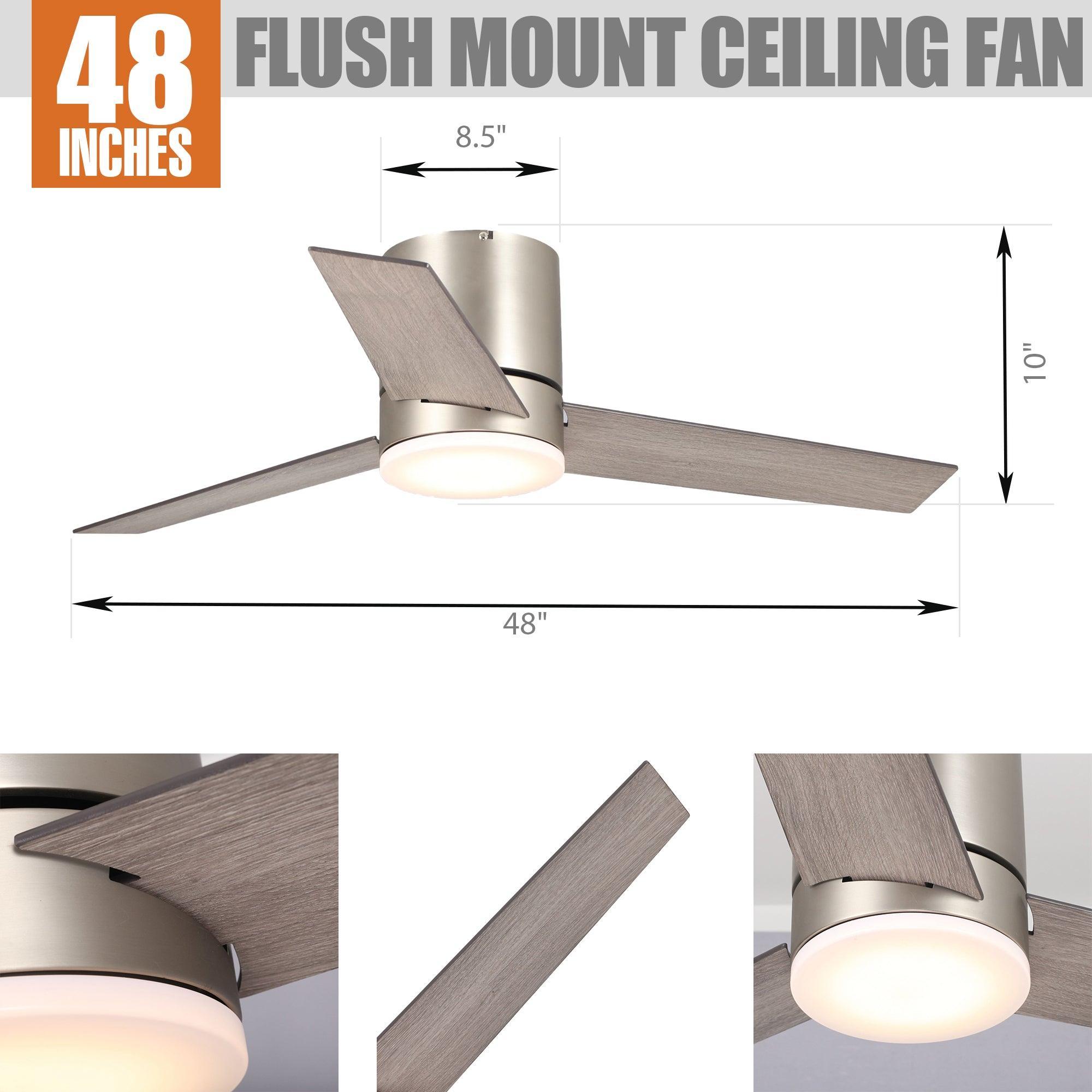 48" Satin Nickel Flush Mount Low Profile Ceiling Fan with LED Lighting