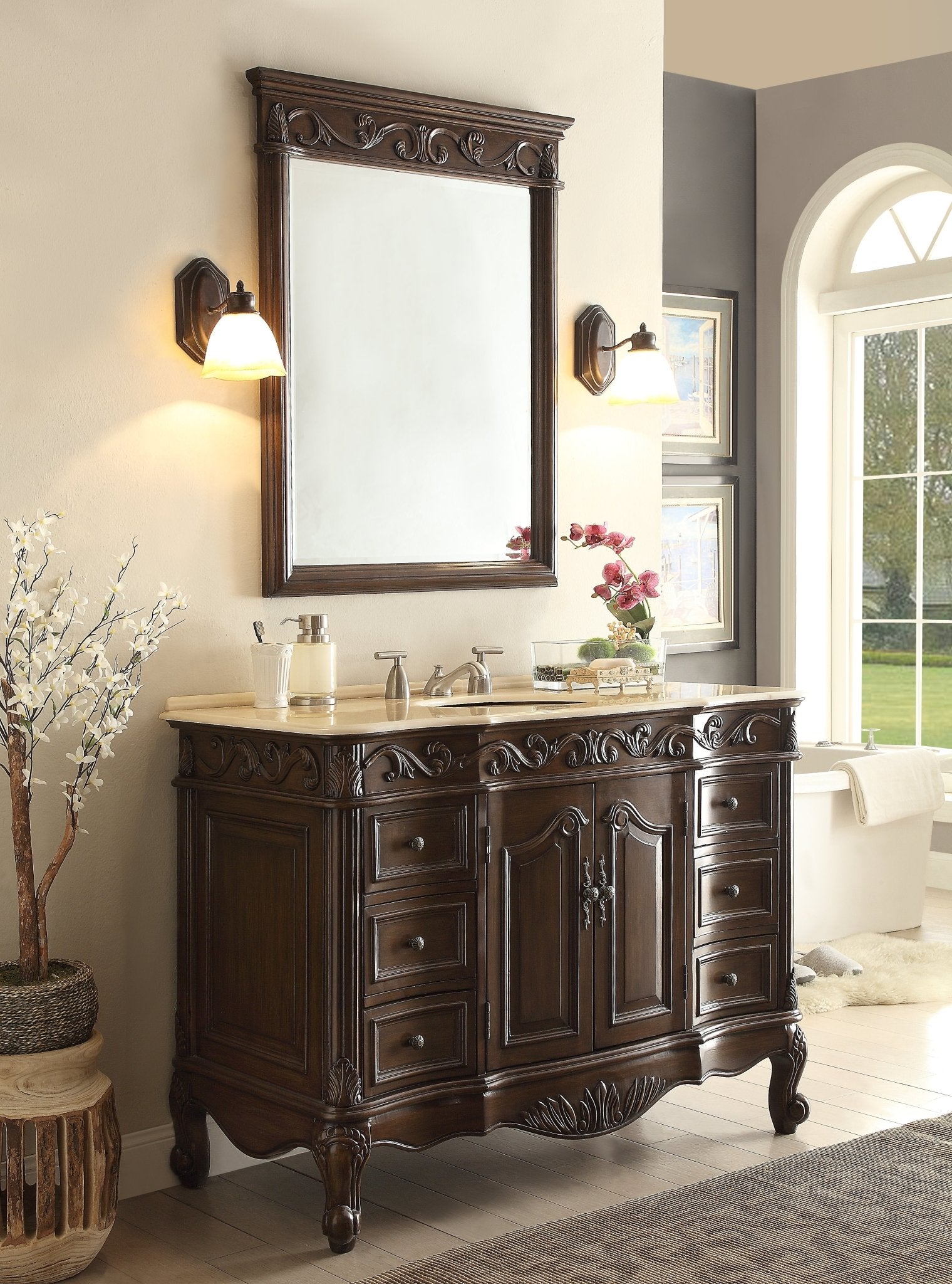 Chans Furniture SW-3882M-TK-48 48 Inch Dark Brown Traditional Style Single Sink Cream Marble Countertop Beckham Bathroom Vanity