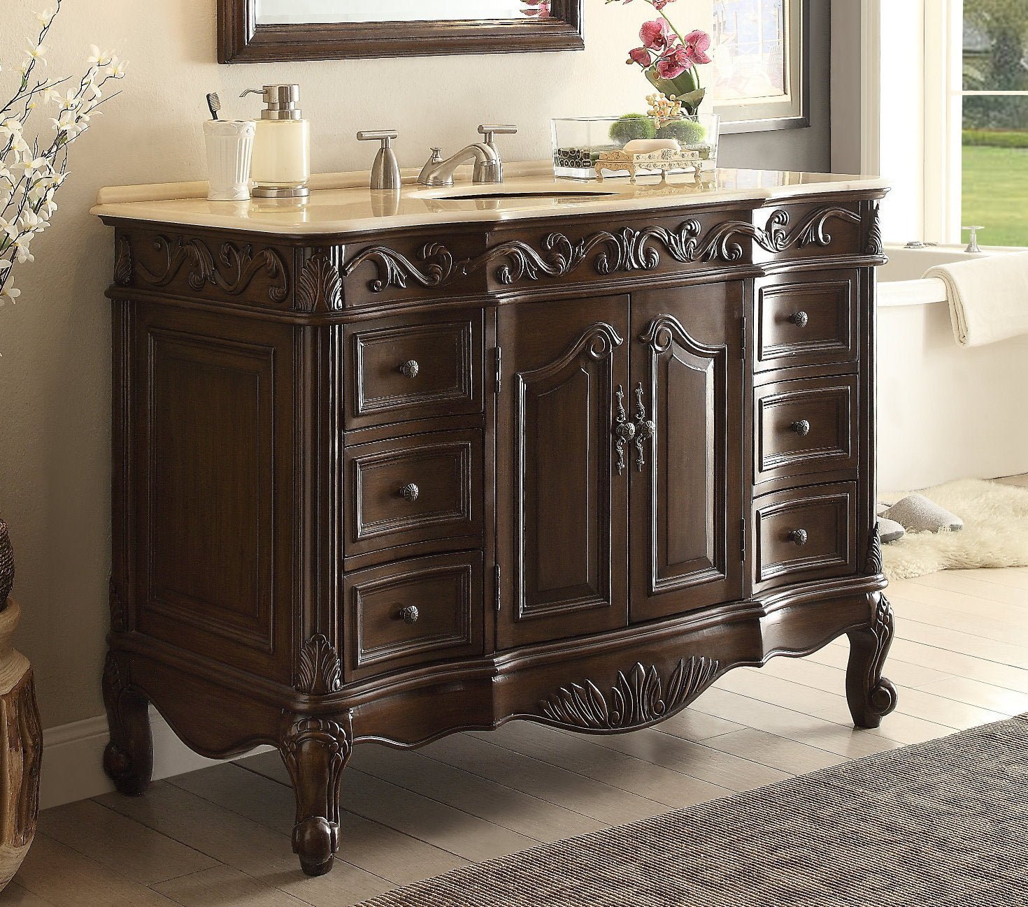 Chans Furniture SW-3882M-TK-48 48 Inch Dark Brown Traditional Style Single Sink Cream Marble Countertop Beckham Bathroom Vanity