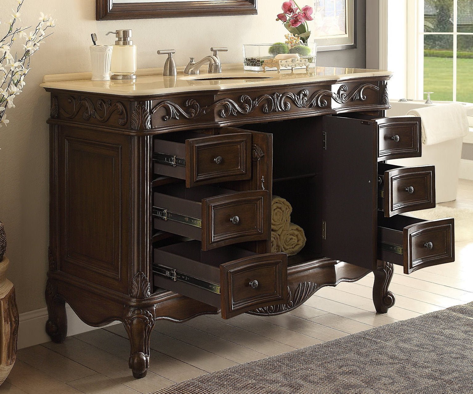 Chans Furniture SW-3882M-TK-48 48 Inch Dark Brown Traditional Style Single Sink Cream Marble Countertop Beckham Bathroom Vanity