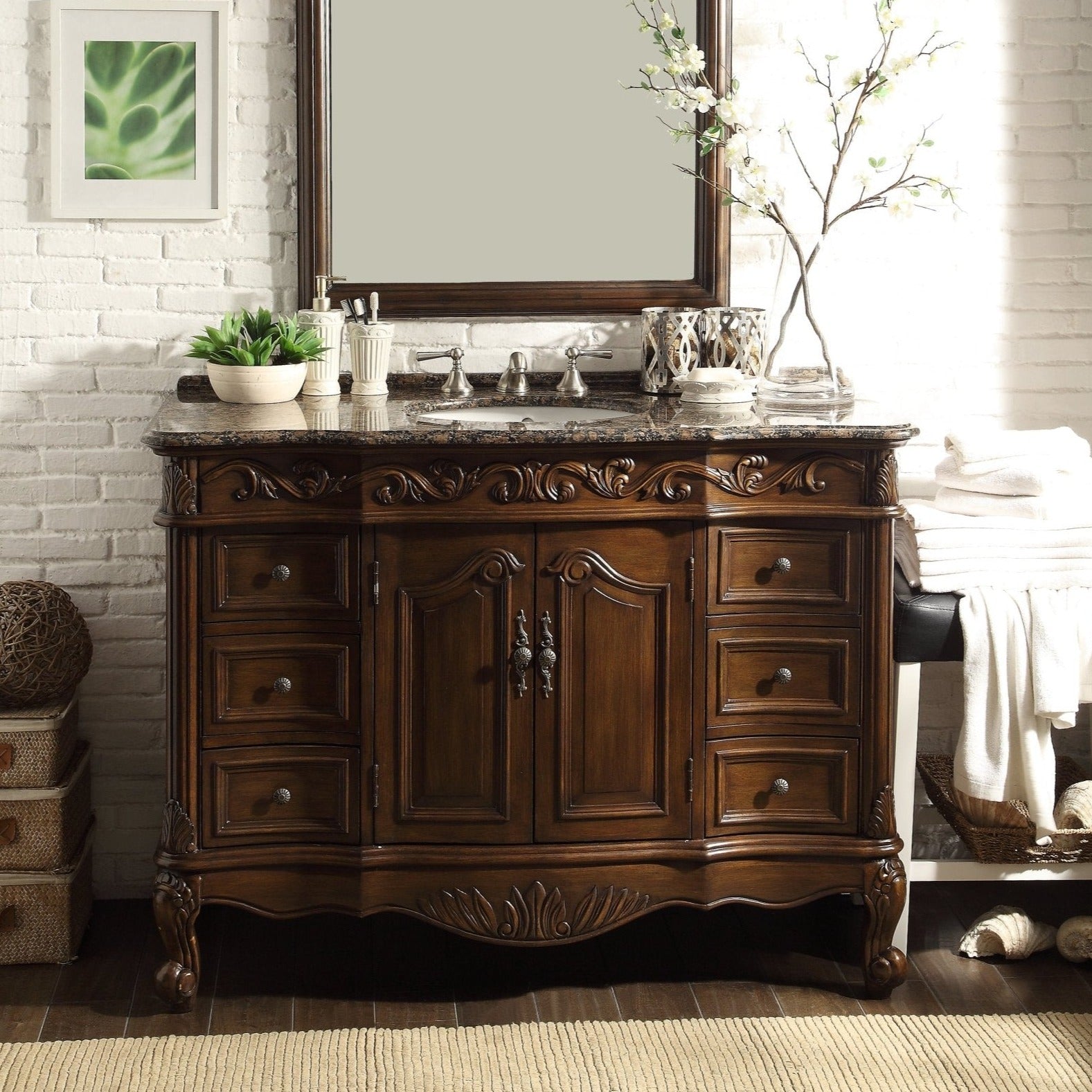 Chans Furniture SW-3882SB-TK-48 48 Inch Dark Brown Traditional Style Single Sink Baltic Brown Countertop Beckham Bathroom Vanity