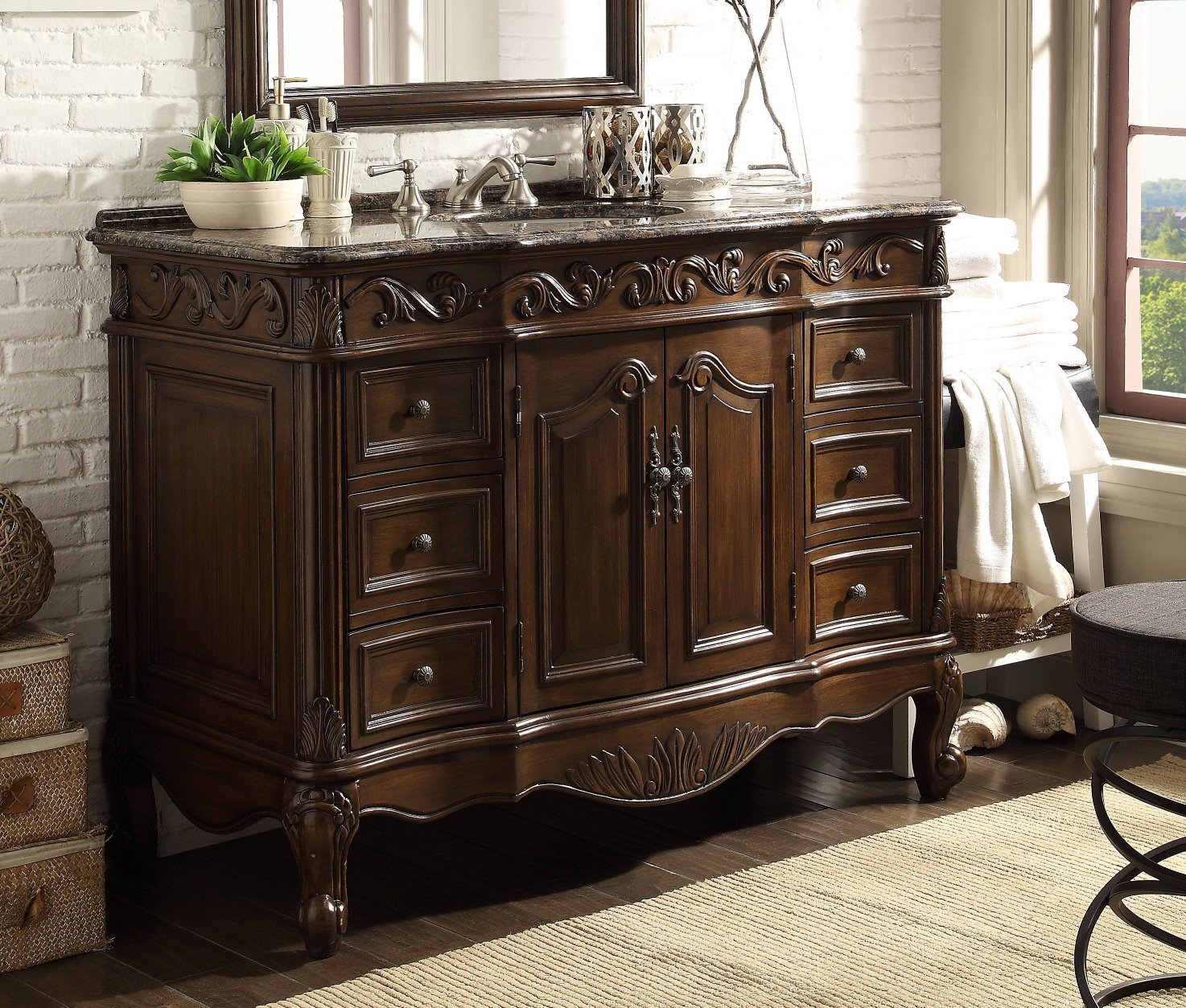Chans Furniture SW-3882SB-TK-48 48 Inch Dark Brown Traditional Style Single Sink Baltic Brown Countertop Beckham Bathroom Vanity