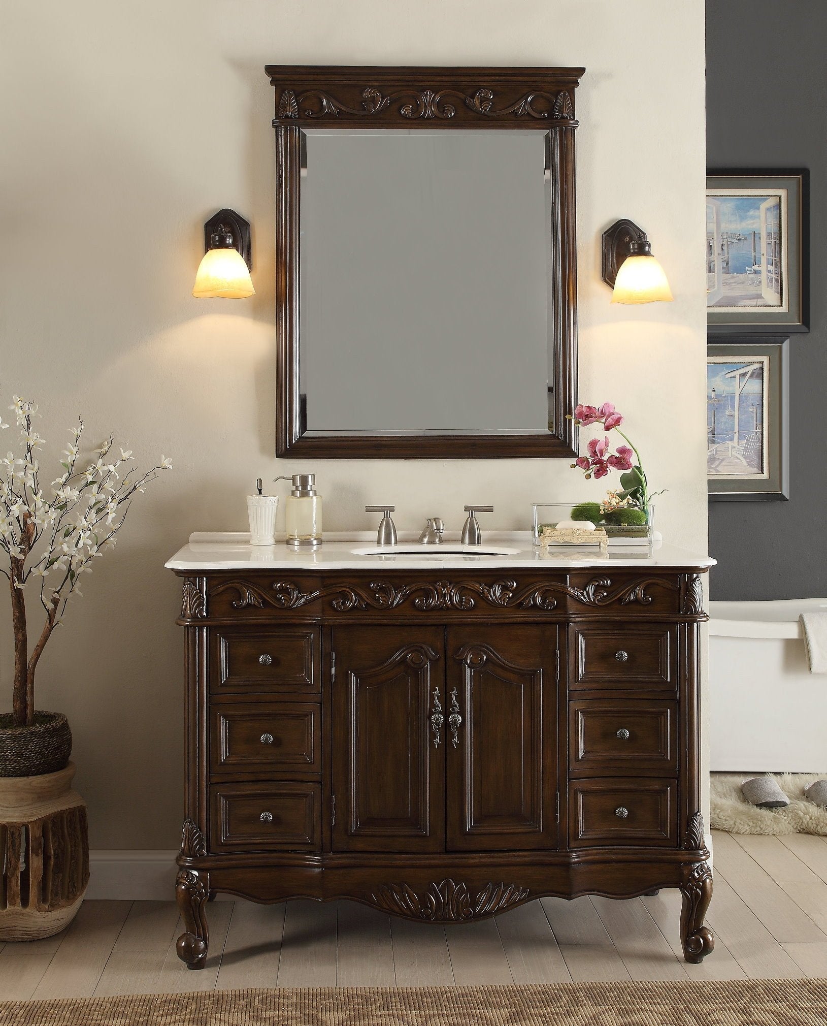 Chans Furniture CF-3882W-TK-48 48 Inch Dark Brown Traditional Style Single Sink White Marble Countertop Beckham Bathroom Vanity
