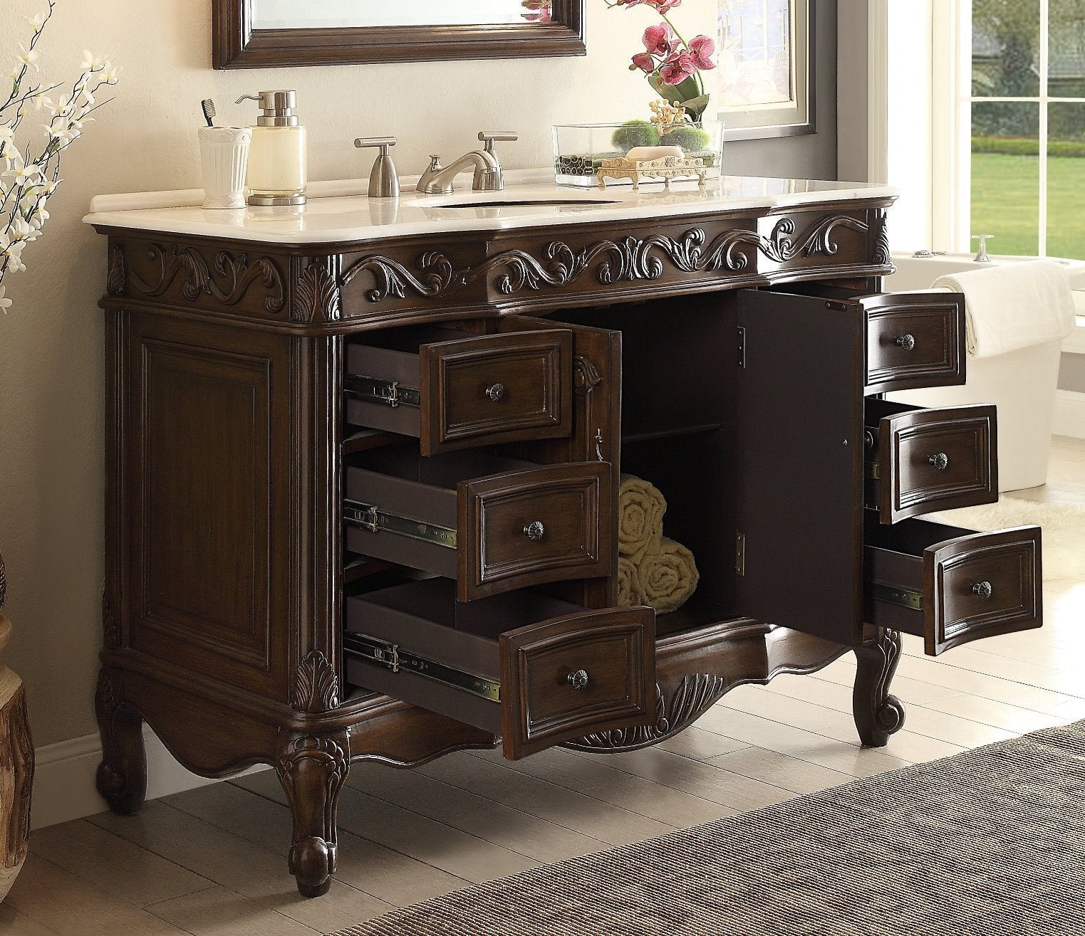 Chans Furniture CF-3882W-TK-48 48 Inch Dark Brown Traditional Style Single Sink White Marble Countertop Beckham Bathroom Vanity