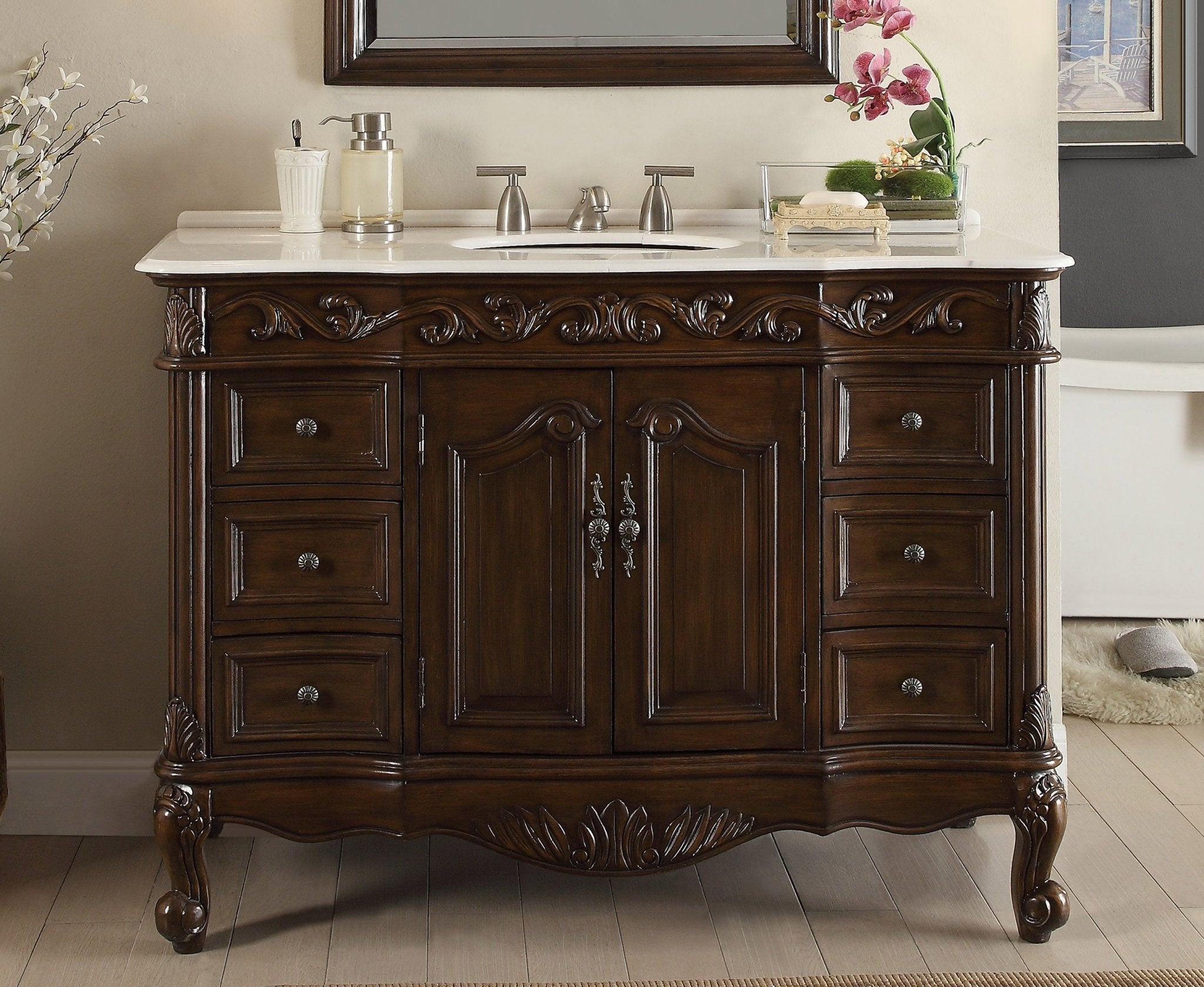Chans Furniture CF-3882W-TK-48 48 Inch Dark Brown Traditional Style Single Sink White Marble Countertop Beckham Bathroom Vanity