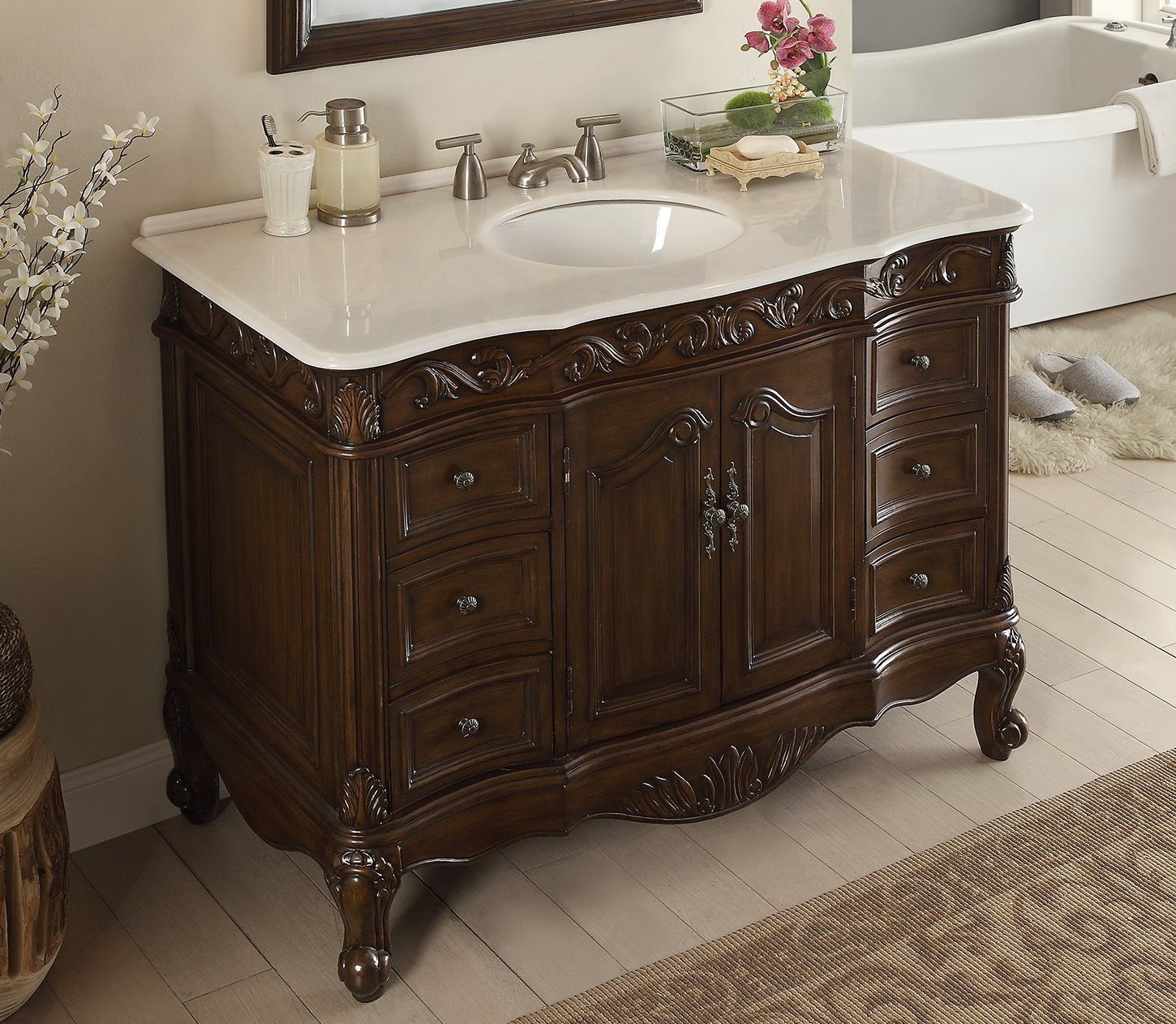 Chans Furniture CF-3882W-TK-48 48 Inch Dark Brown Traditional Style Single Sink White Marble Countertop Beckham Bathroom Vanity