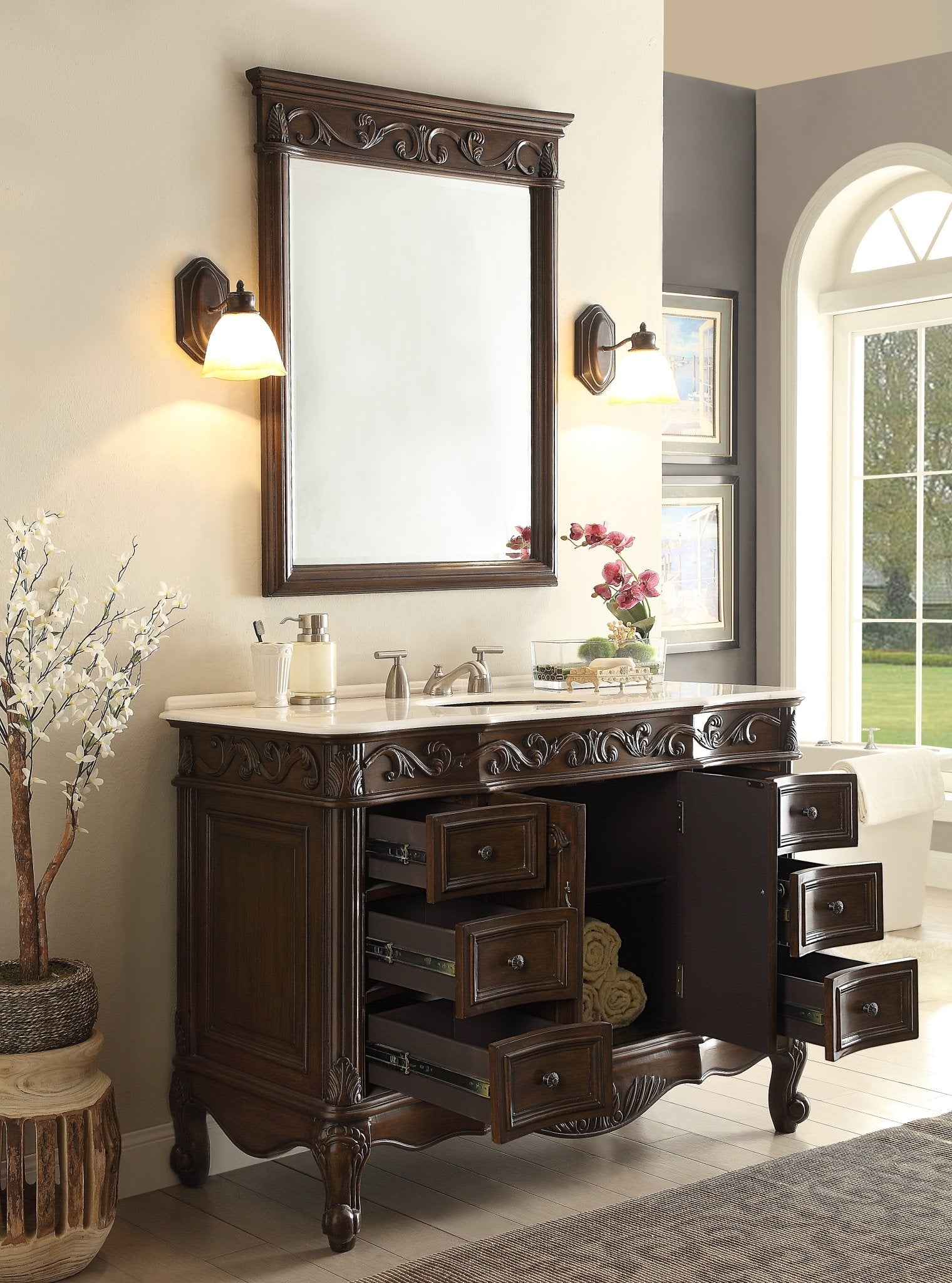 Chans Furniture CF-3882W-TK-48 48 Inch Dark Brown Traditional Style Single Sink White Marble Countertop Beckham Bathroom Vanity