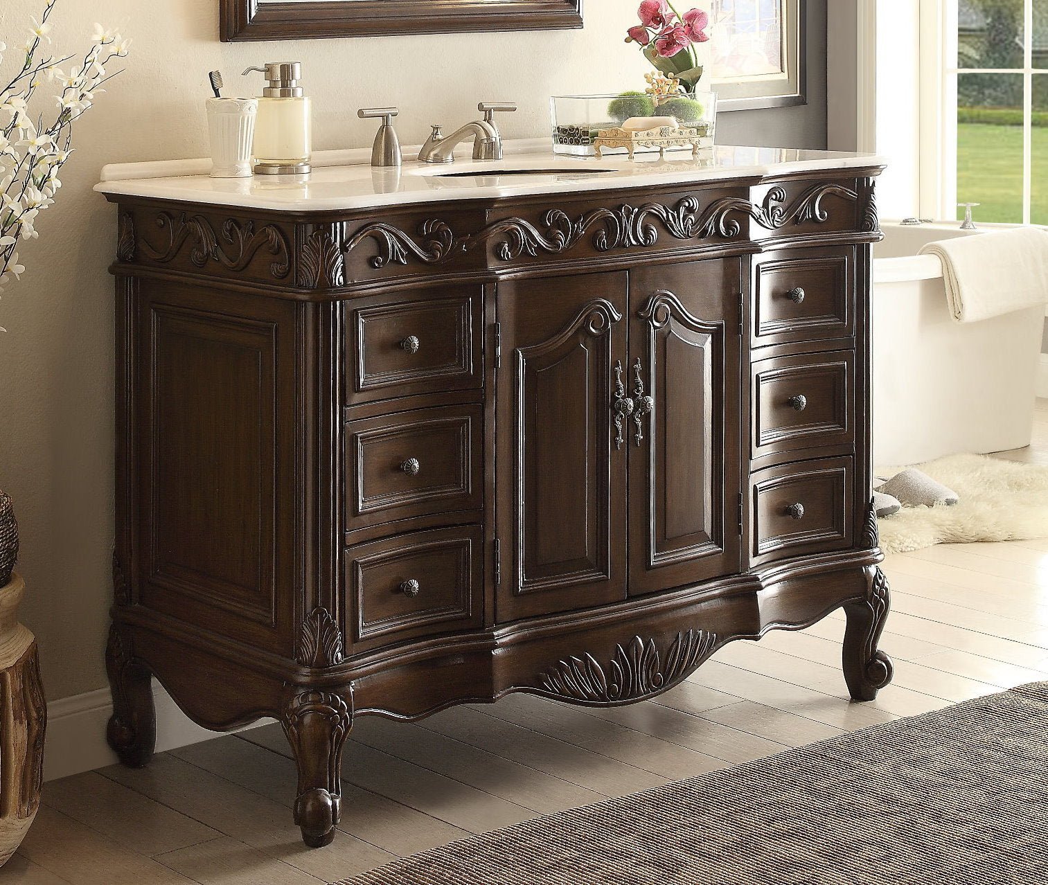 Chans Furniture CF-3882W-TK-48 48 Inch Dark Brown Traditional Style Single Sink White Marble Countertop Beckham Bathroom Vanity