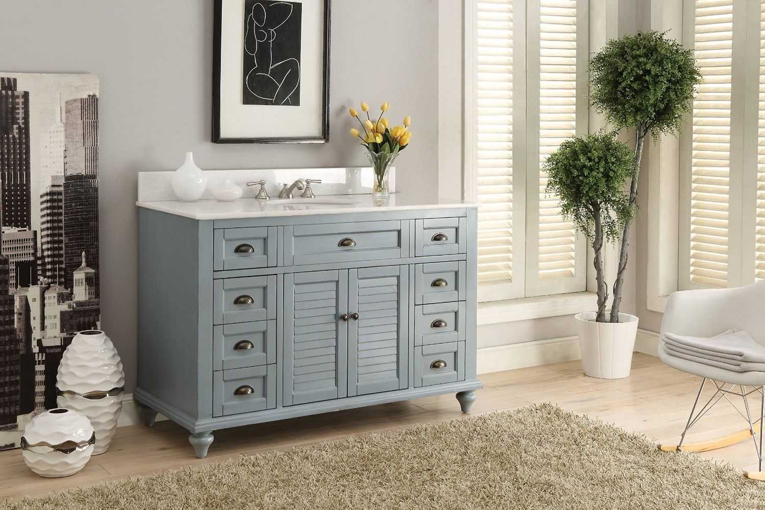 Chans Furniture GD-28328BU 49" Benton collection Vintage Blue Cottage Glennville Bathroom Sink Vanity