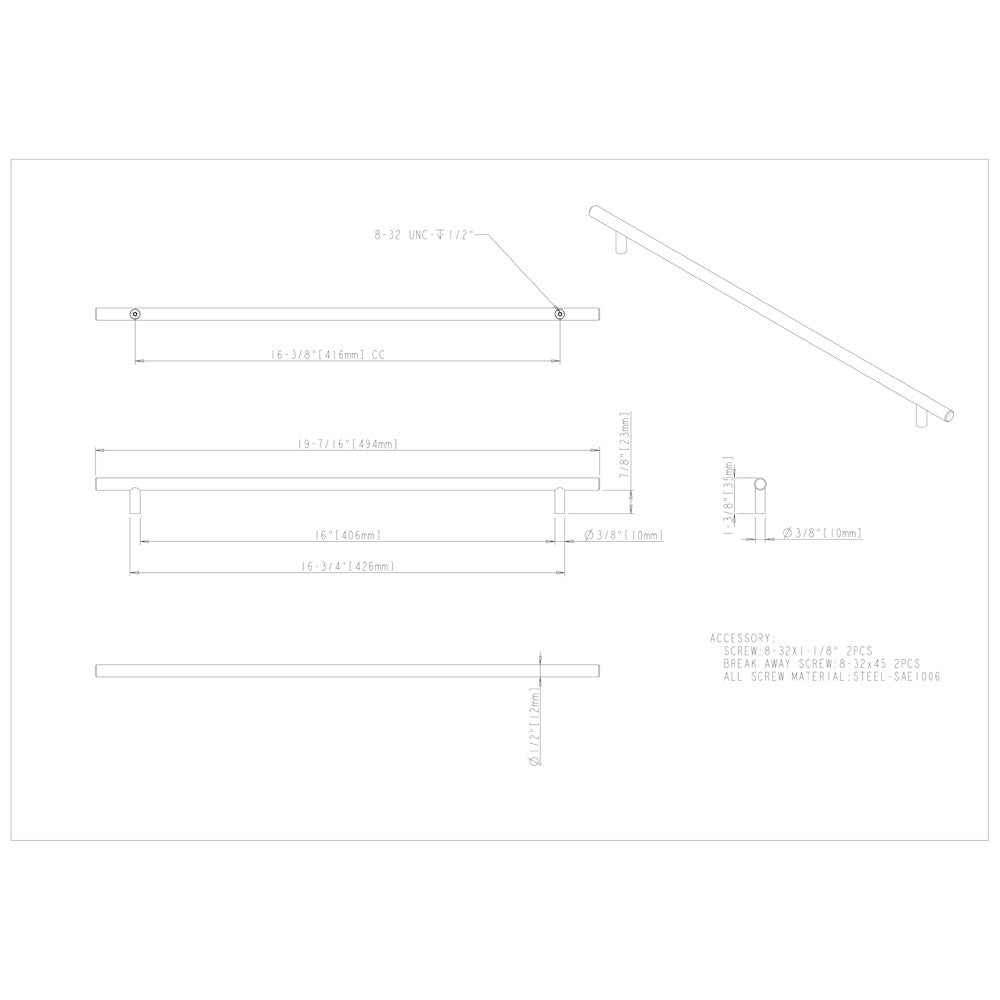 Hardware Resources 96 mm Center-to-Center Hollow Matte Black Stainless Steel Naples Cabinet Bar Pull