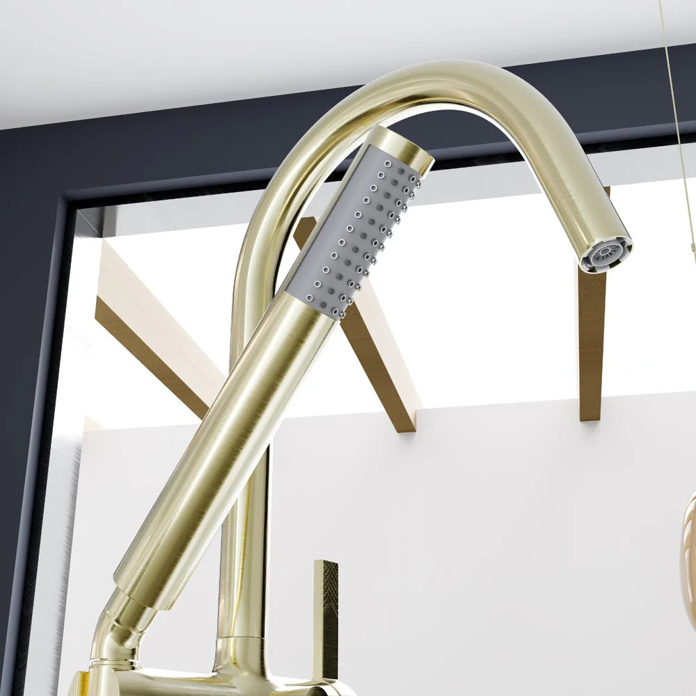 Eviva Modem Single-Handle Freestanding Tub Faucet with Hand Shower – Brushed   Gold