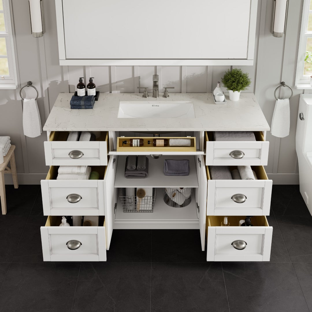 Eviva Epic Bath Vanity with Carrara Quartz Top and Undermount Porcelain Sinks (48"-100")
