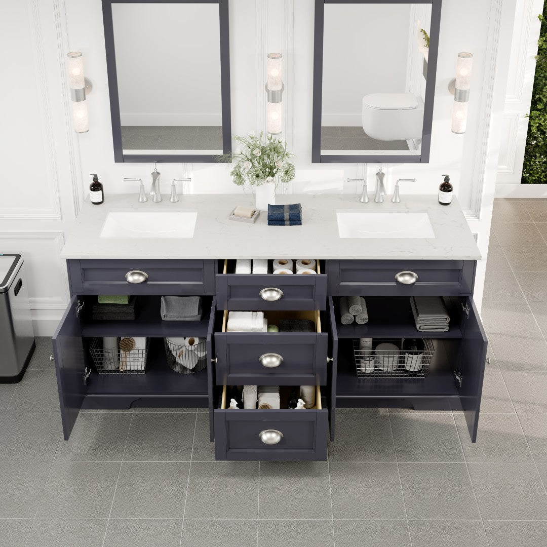 Eviva Epic Bath Vanity with Carrara Quartz Top and Undermount Porcelain Sinks (48"-100")