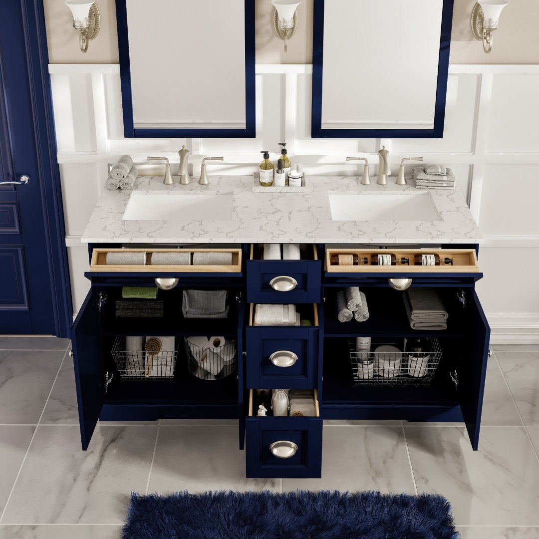 Eviva Epic Bath Vanity with Carrara Quartz Top and Undermount Porcelain Sinks (48"-100")