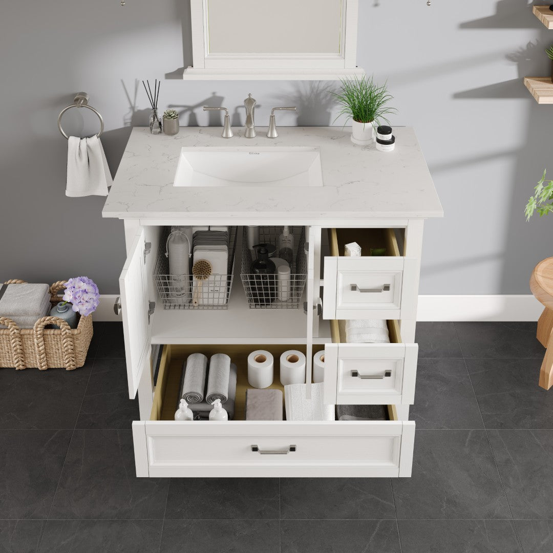 Eviva Britney Bath Vanity with Carrara Quartz Top and Undermount Porcelain Sink (24"-72")