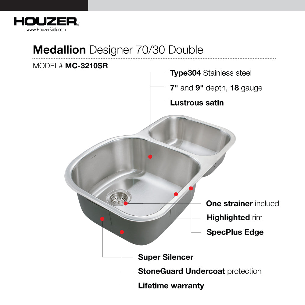 Houzer Medallion 32" Stainless Steel Undermount 70/30 Double Small Right Bowl Kitchen Sink with Strainer