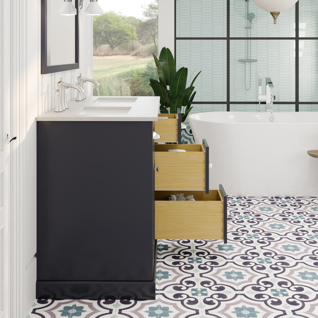 Eviva Epic Bath Vanity with Carrara Quartz Top and Undermount Porcelain Sinks (48"-100")