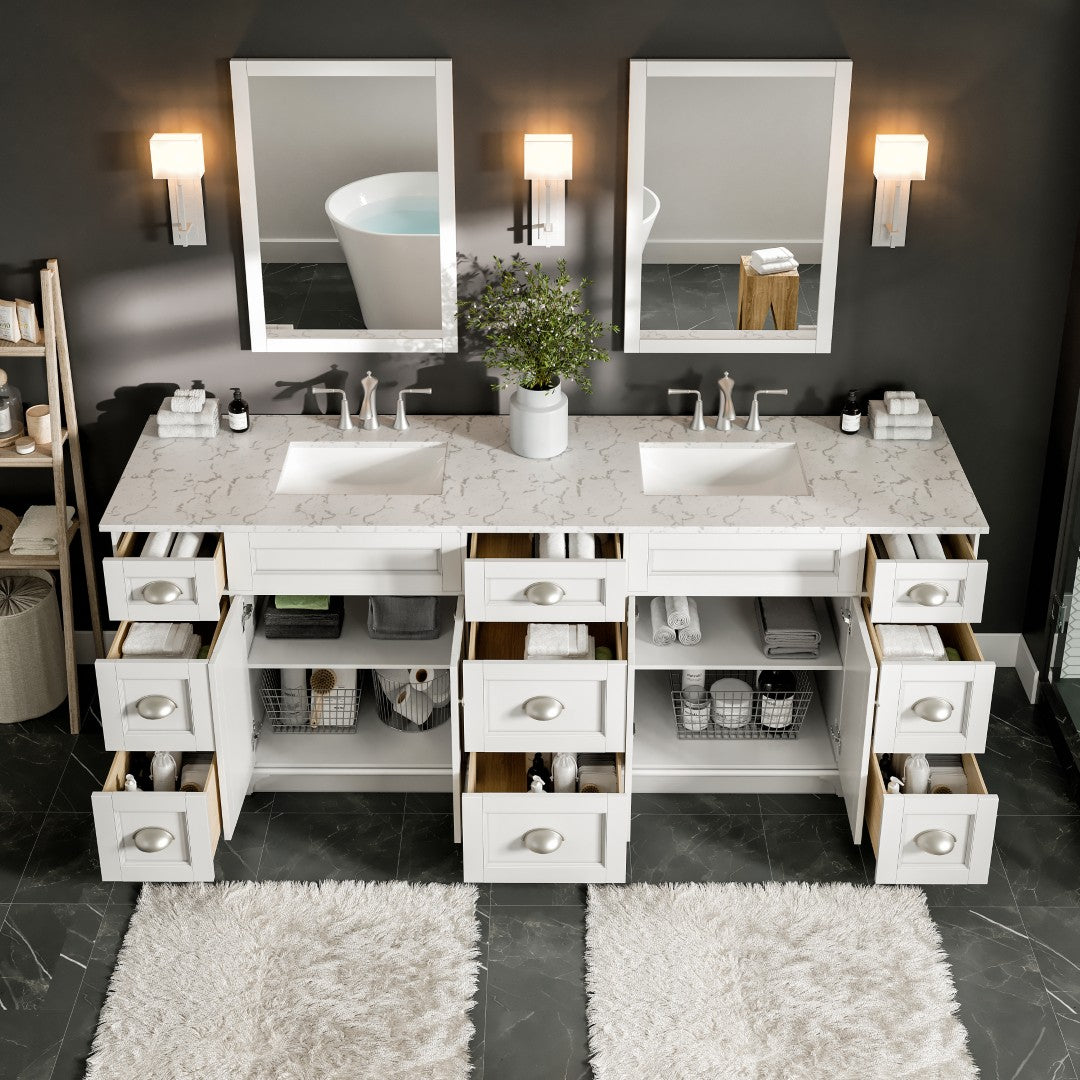 Eviva Epic Bath Vanity with Carrara Quartz Top and Undermount Porcelain Sinks (48"-100")