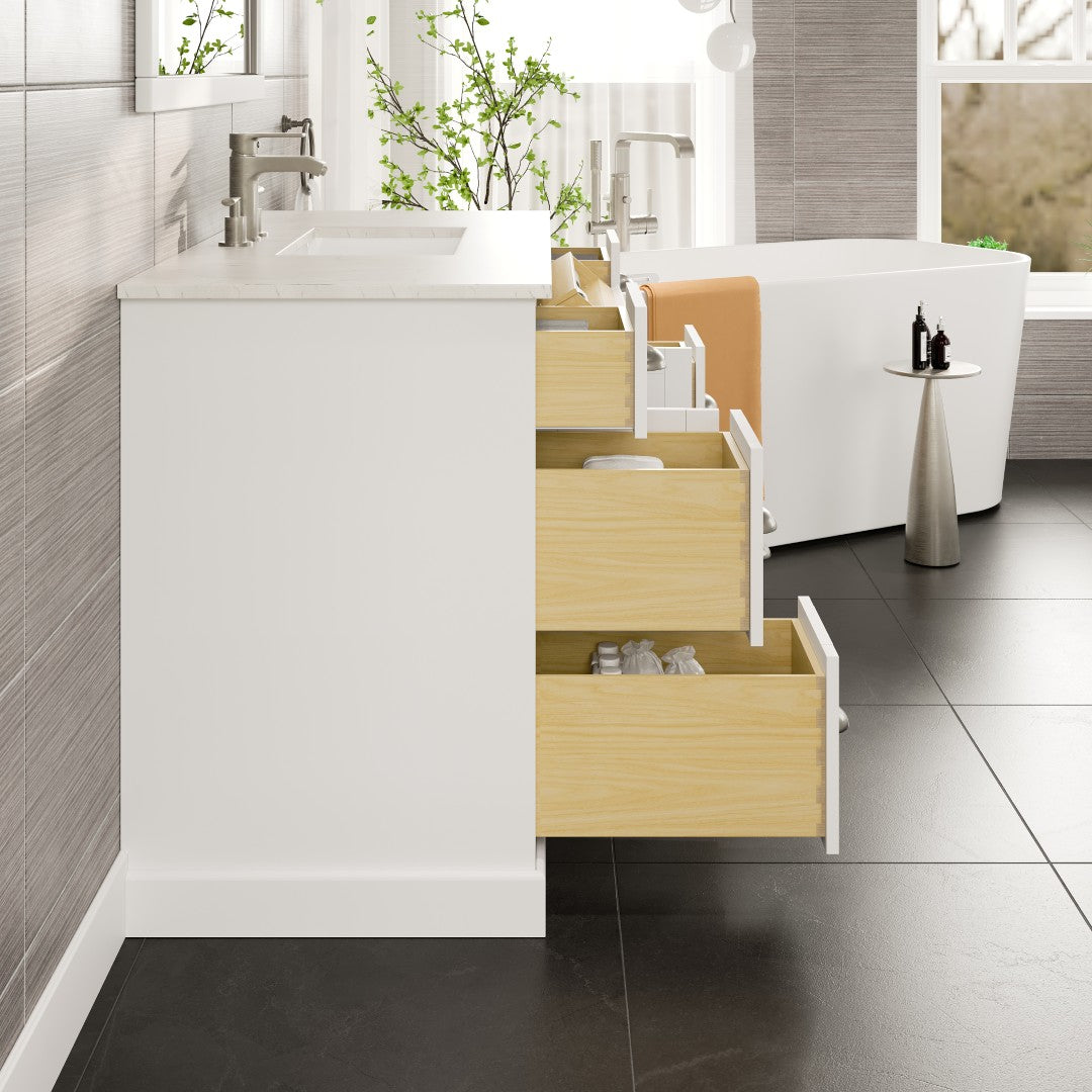 Eviva Epic Bath Vanity with Carrara Quartz Top and Undermount Porcelain Sinks (48"-100")