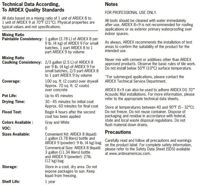 Ardex 8+9 Rapid Waterproofing and Crack Isolation Compound
