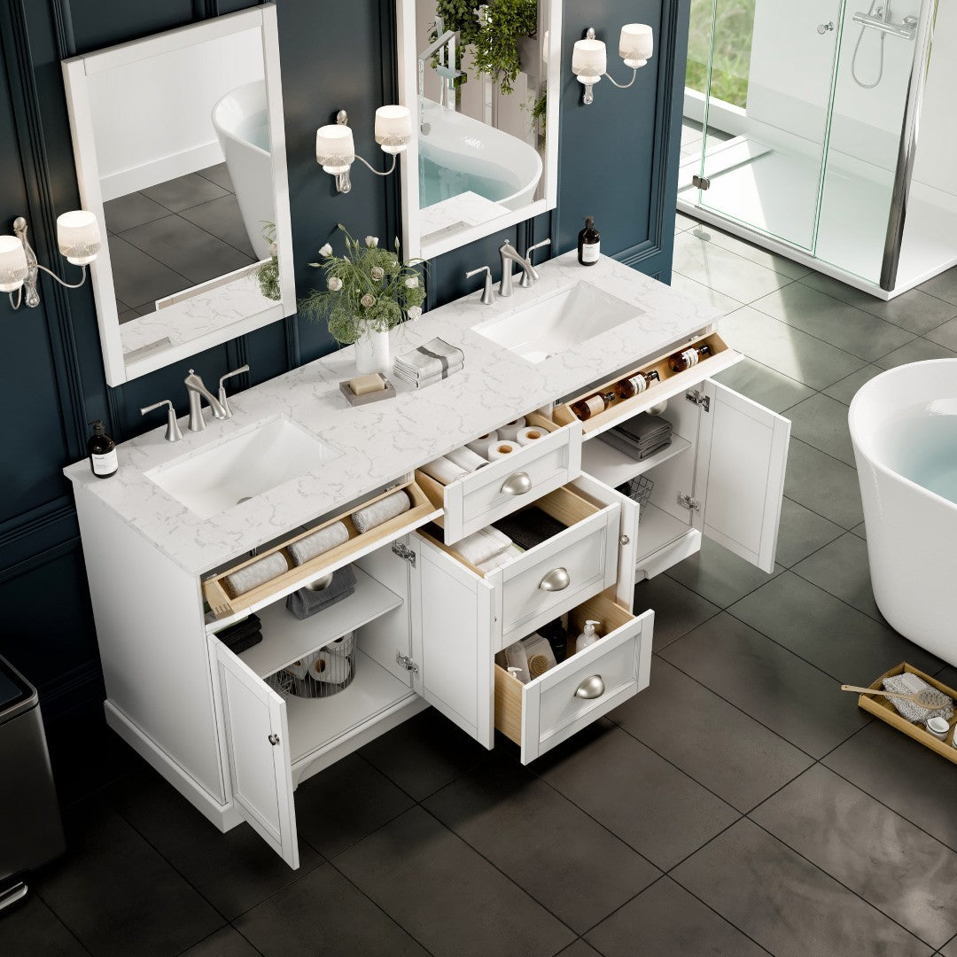 Eviva Epic Bath Vanity with Carrara Quartz Top and Undermount Porcelain Sinks (48"-100")