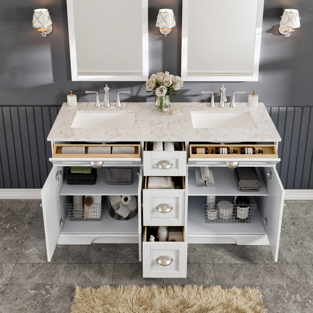 Eviva Epic Bath Vanity with Carrara Quartz Top and Undermount Porcelain Sinks (48"-100")