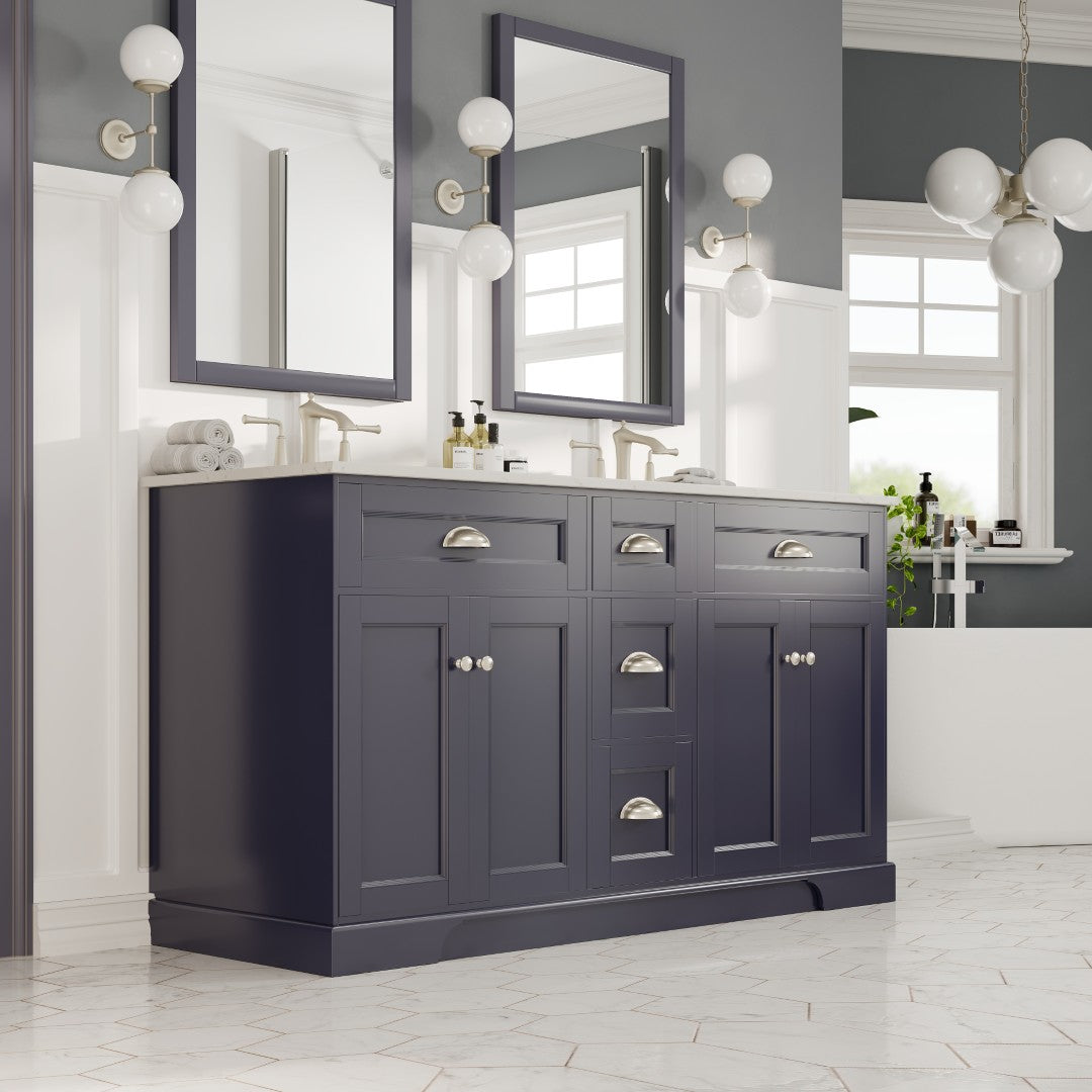Eviva Epic Bath Vanity with Carrara Quartz Top and Undermount Porcelain Sinks (48"-100")