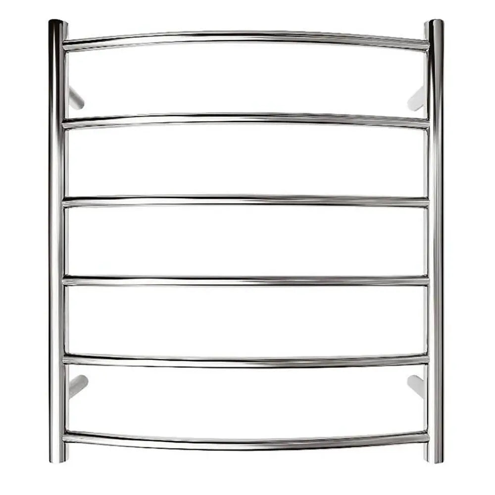 Chelsea Round towel warmer with 6 curved bars. 201 stainless steel with polished finish. Built with 60W heating cable.