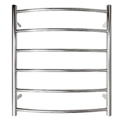 Chelsea Round towel warmer with 6 curved bars. 201 stainless steel with polished finish. Built with 60W heating cable.