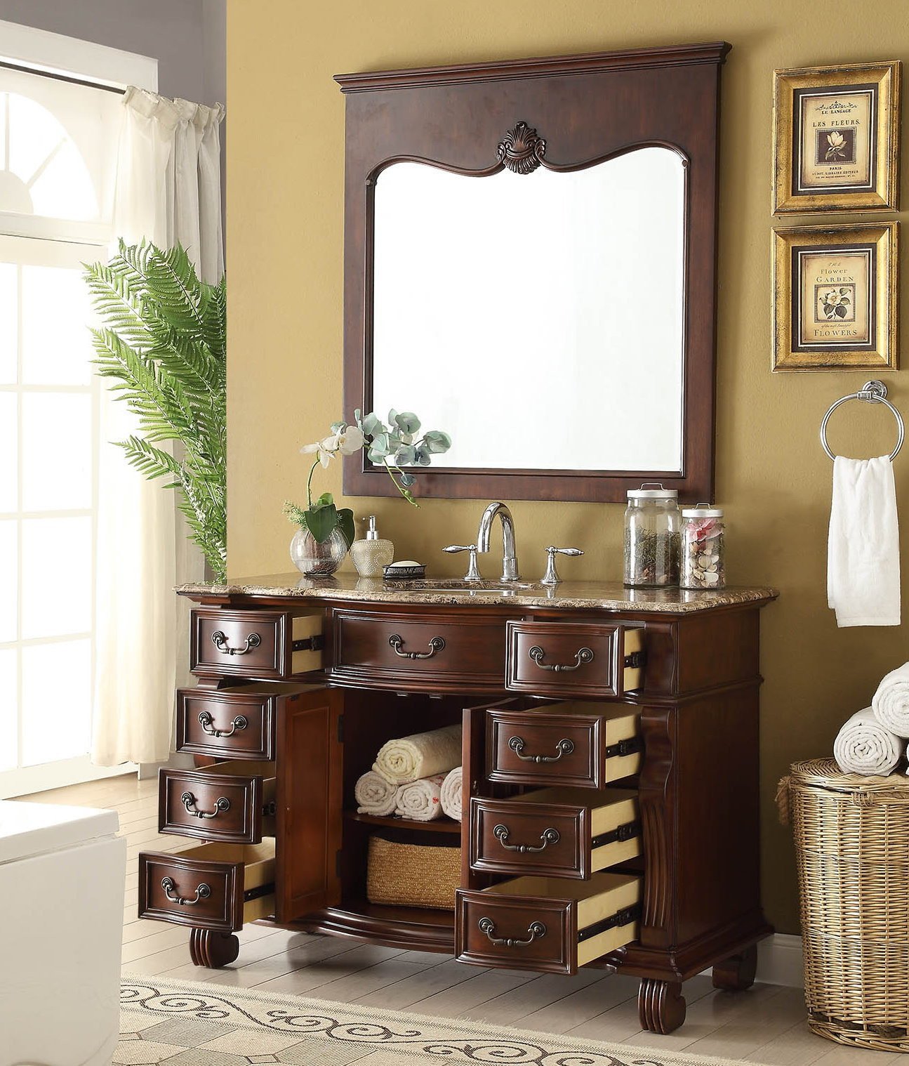 Chans Furniture GD-4437SB-50 50 inch Antique Style Cherry Wood Hopkinton Bathroom Sink Vanity Baltic Brown Stone Top
